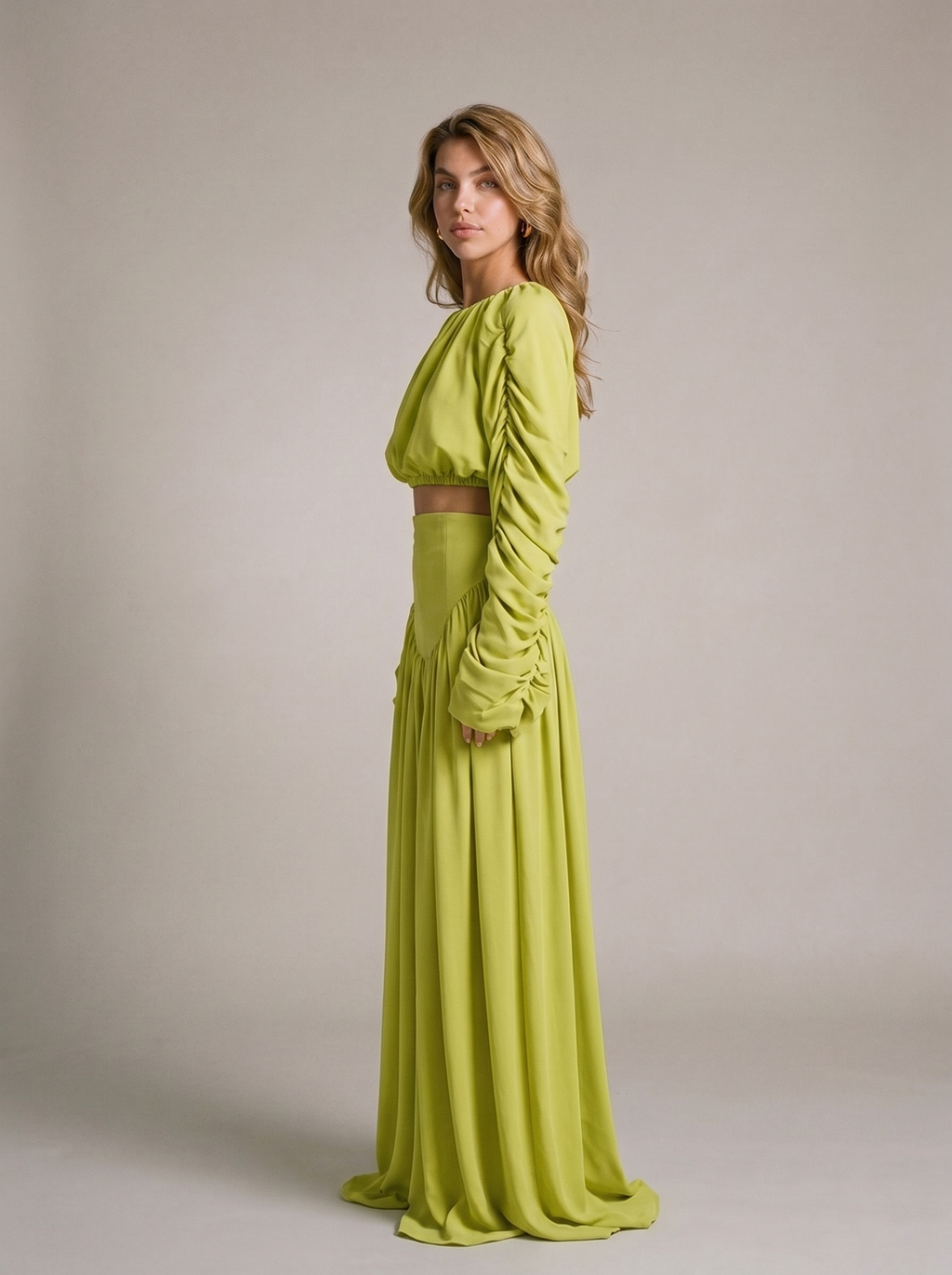 Delphine Ruched Long Sleeve Top and High Waist Skirt Set, side view on model