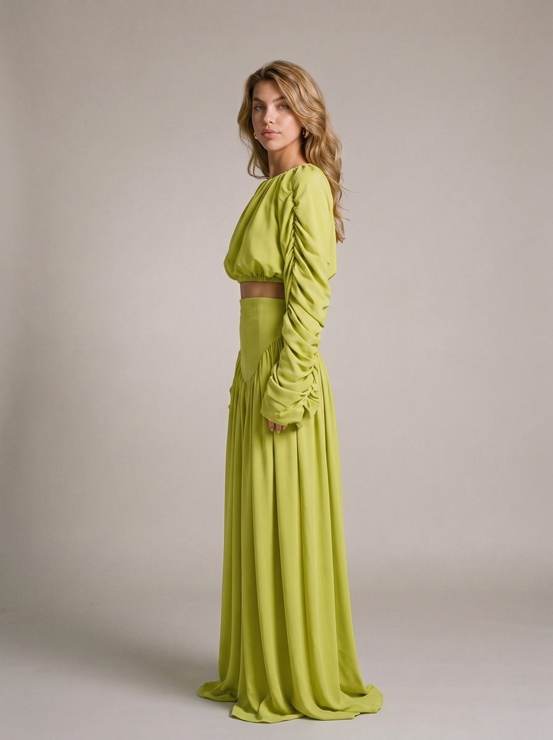 Delphine Ruched Long Sleeve Top and High Waist Skirt Set, side view on model