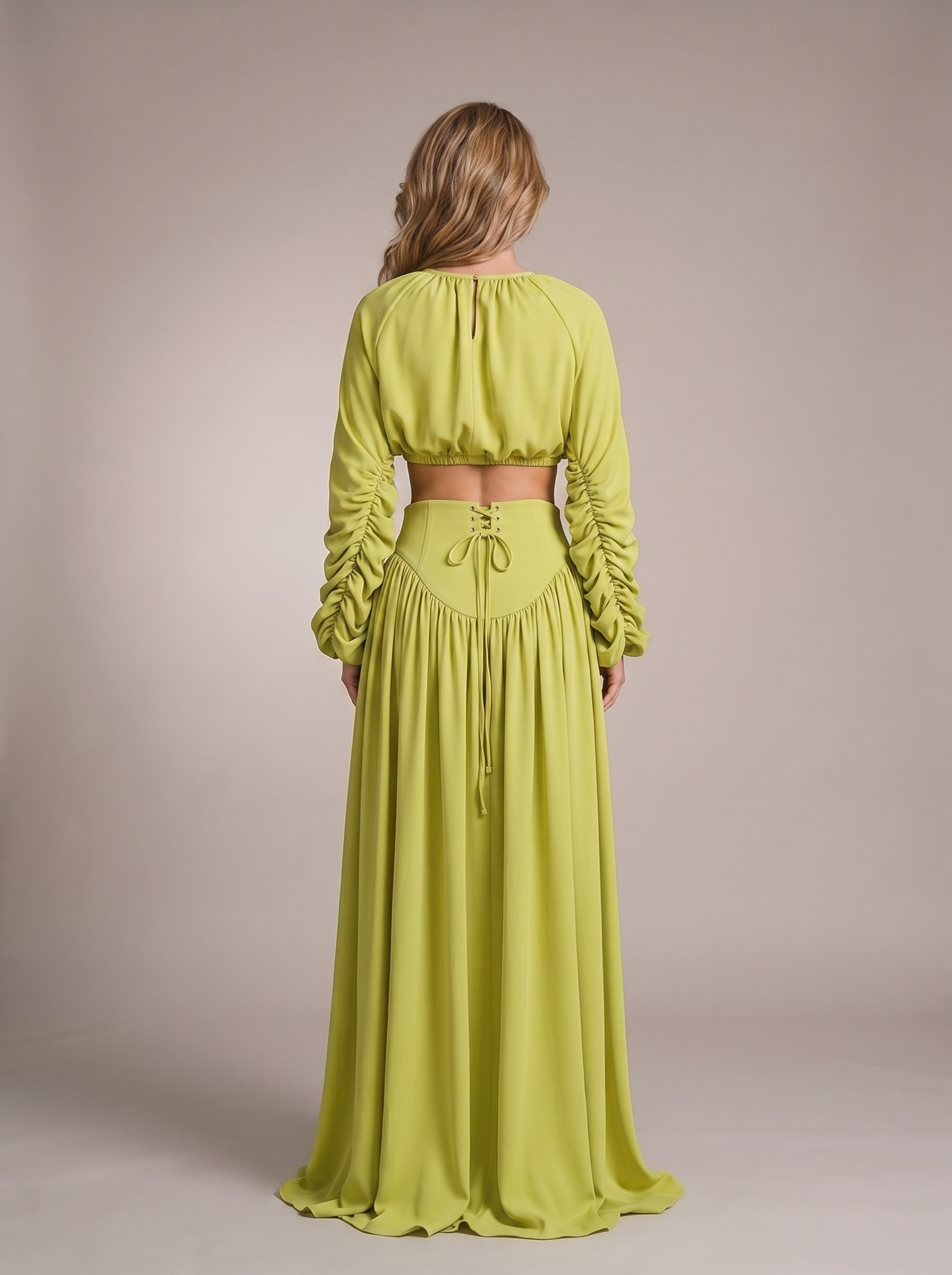 Delphine Ruched Long Sleeve Top and High Waist Skirt Set, back view on model