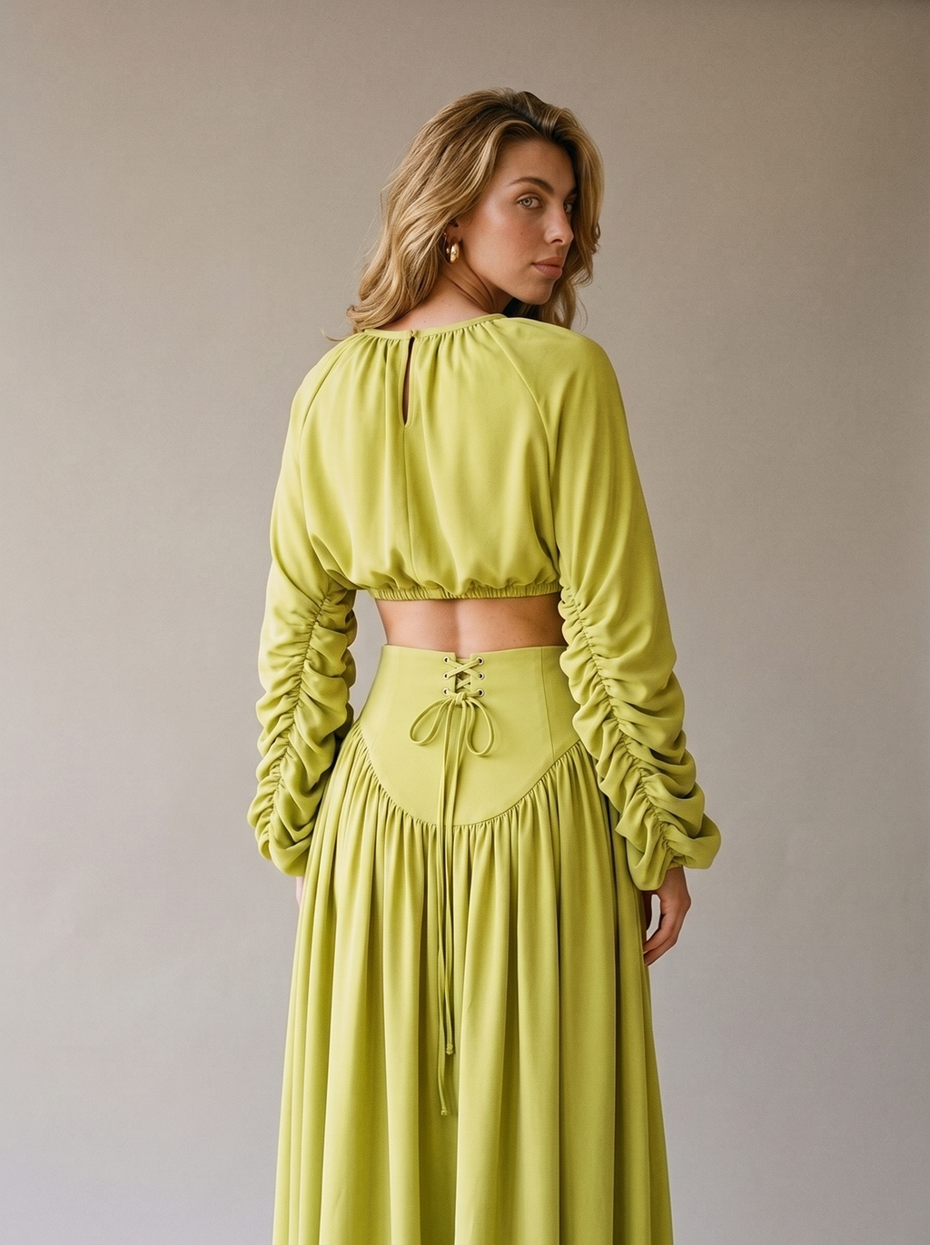 Delphine Ruched Long Sleeve Top and High Waist Skirt Set, back view on model