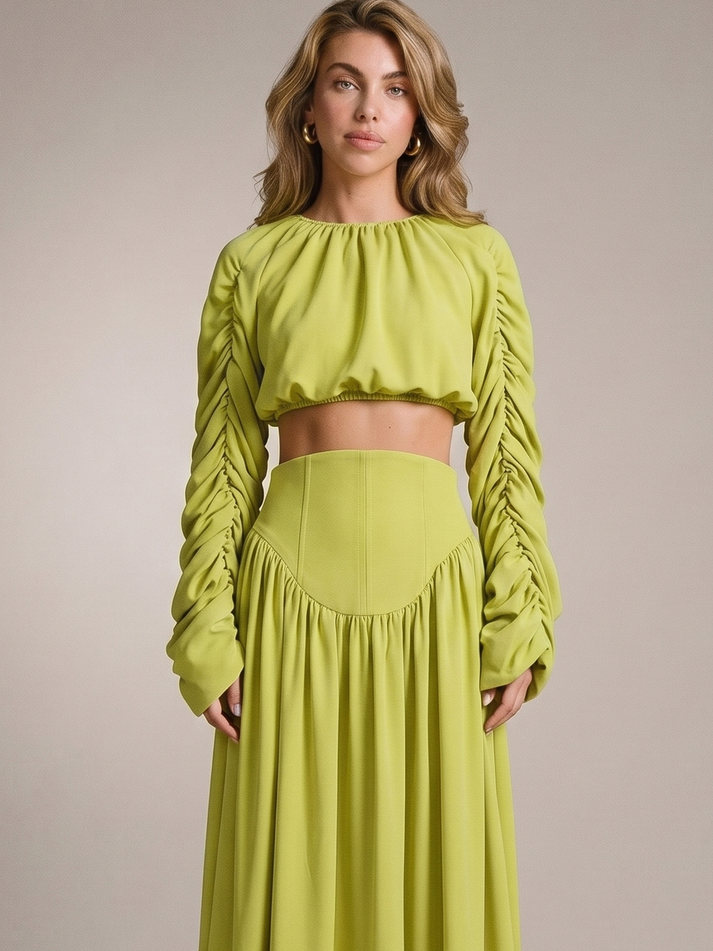 Delphine Ruched Long Sleeve Top and High Waist Skirt Set, fabric detail close-up