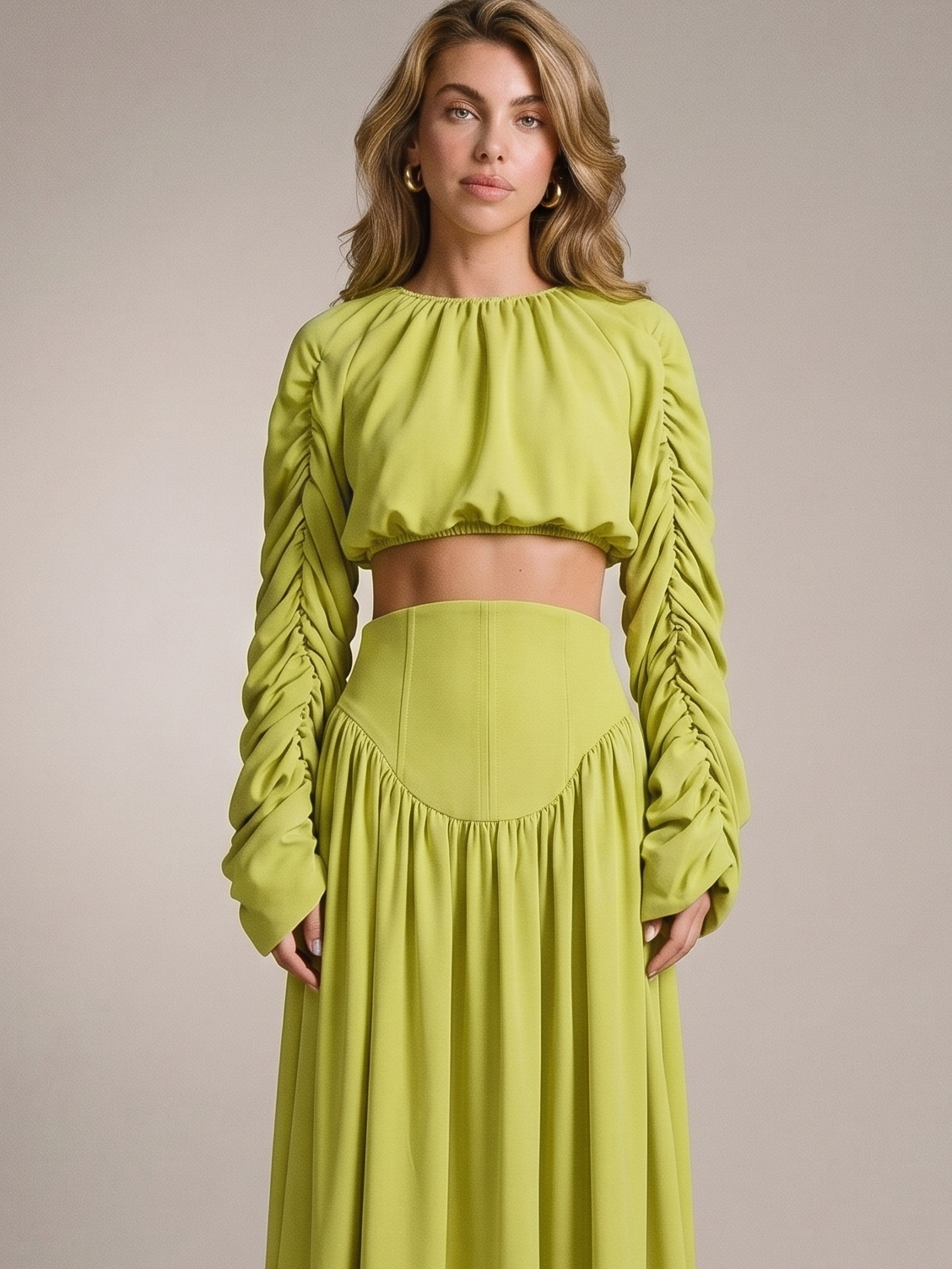 Delphine Ruched Long Sleeve Top and High Waist Skirt Set, fabric detail close-up