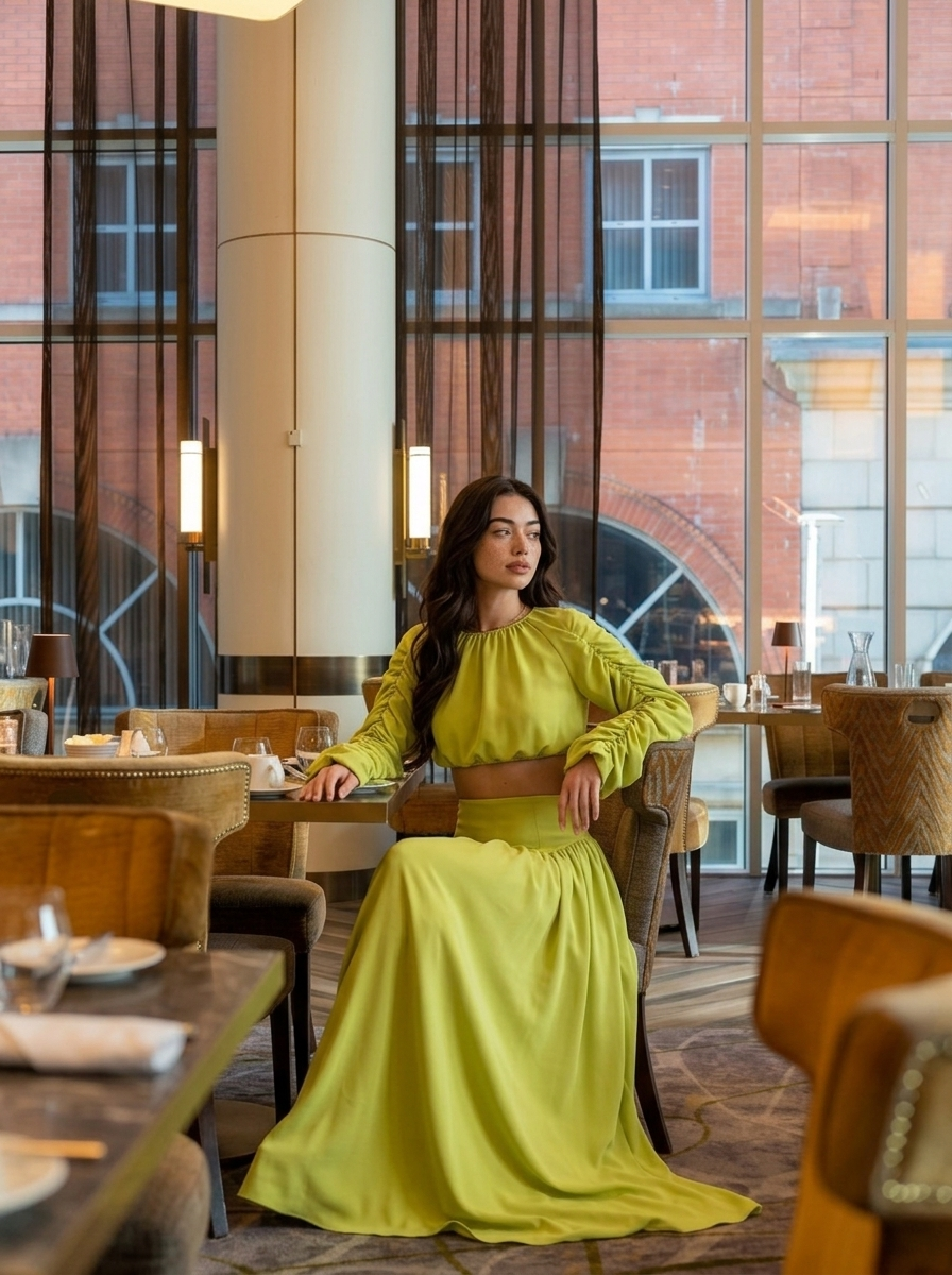 Delphine Ruched Long Sleeve Top and High Waist Skirt Set, styled lifestyle look