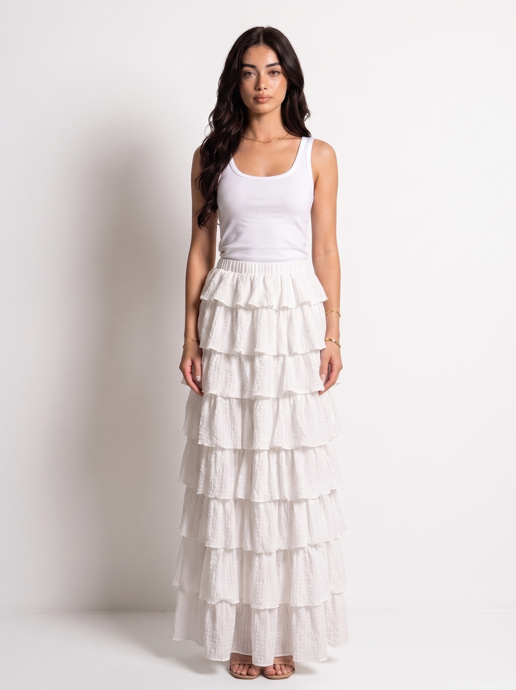 Cassis — Ruffle Layered Maxi Skirt, front view