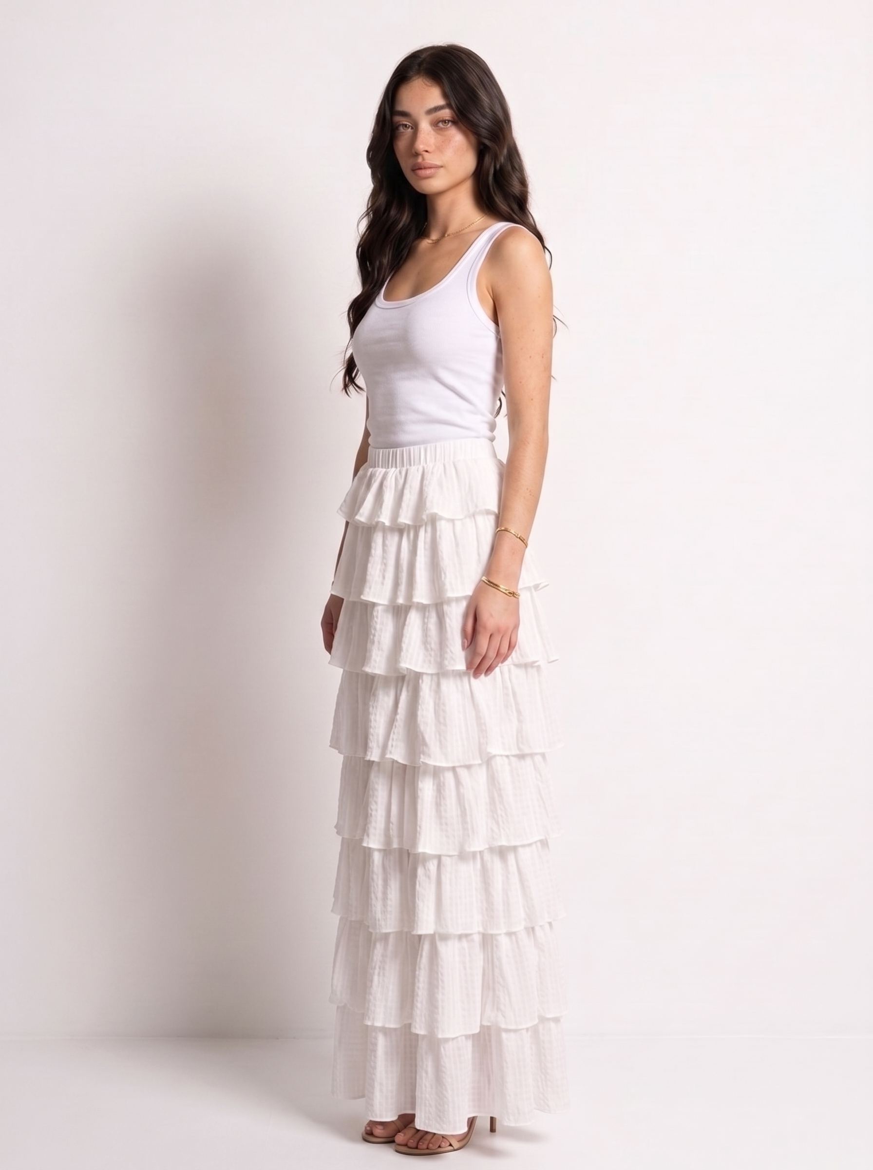 Cassis — Ruffle Layered Maxi Skirt, three-quarter view