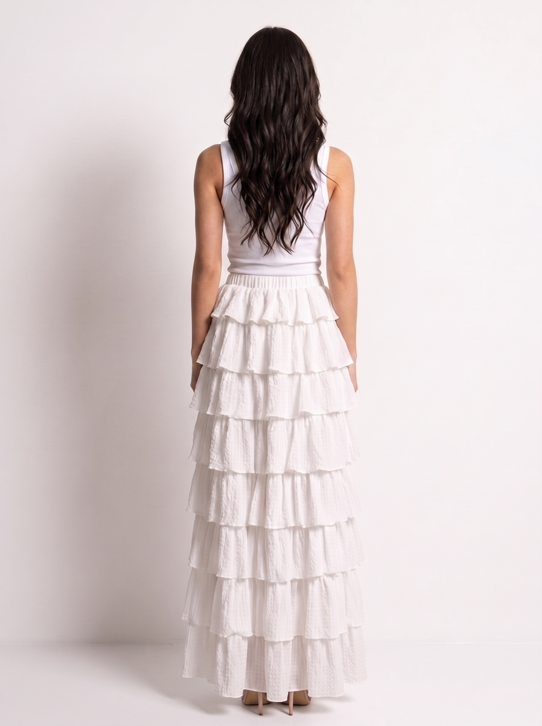 Cassis — Ruffle Layered Maxi Skirt, back view