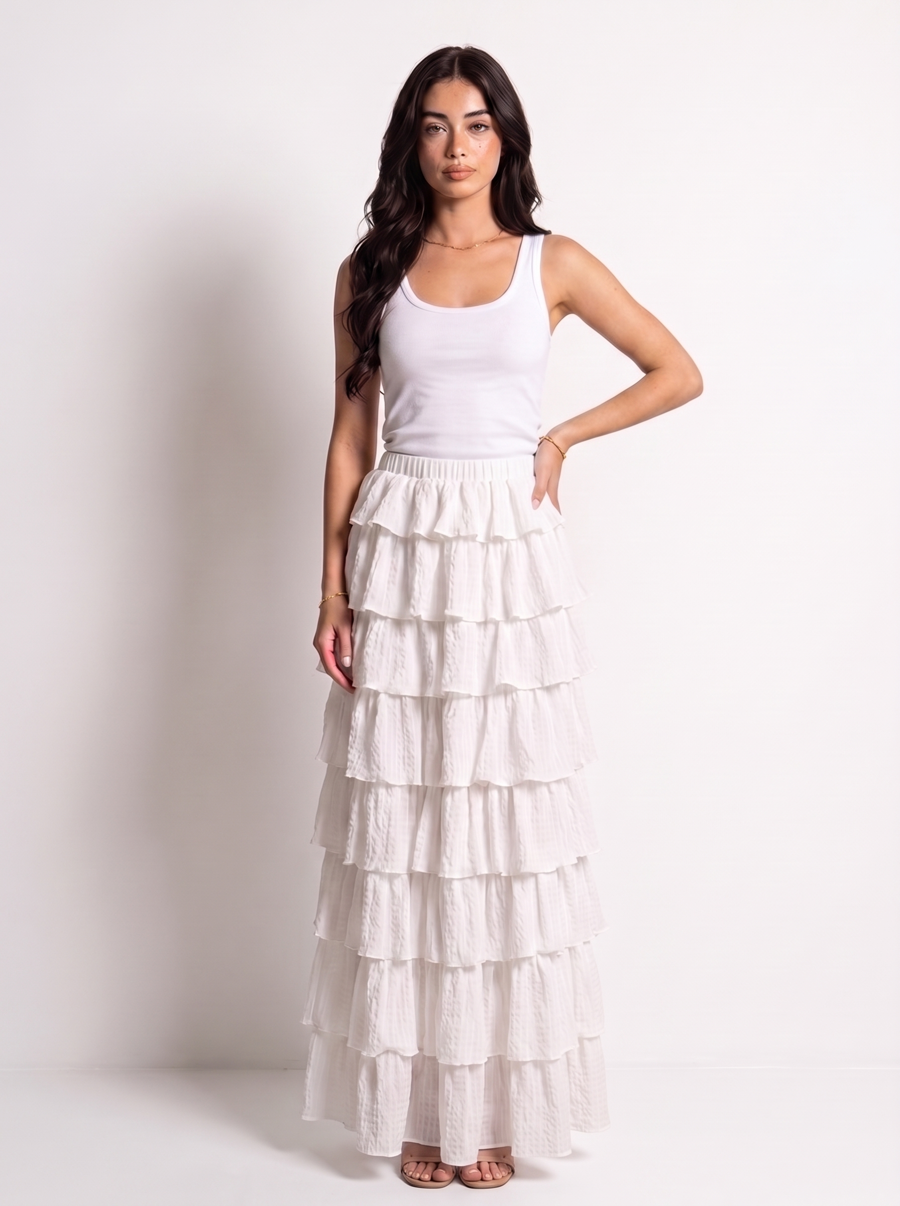 Cassis — Ruffle Layered Maxi Skirt, front view, hand on hip