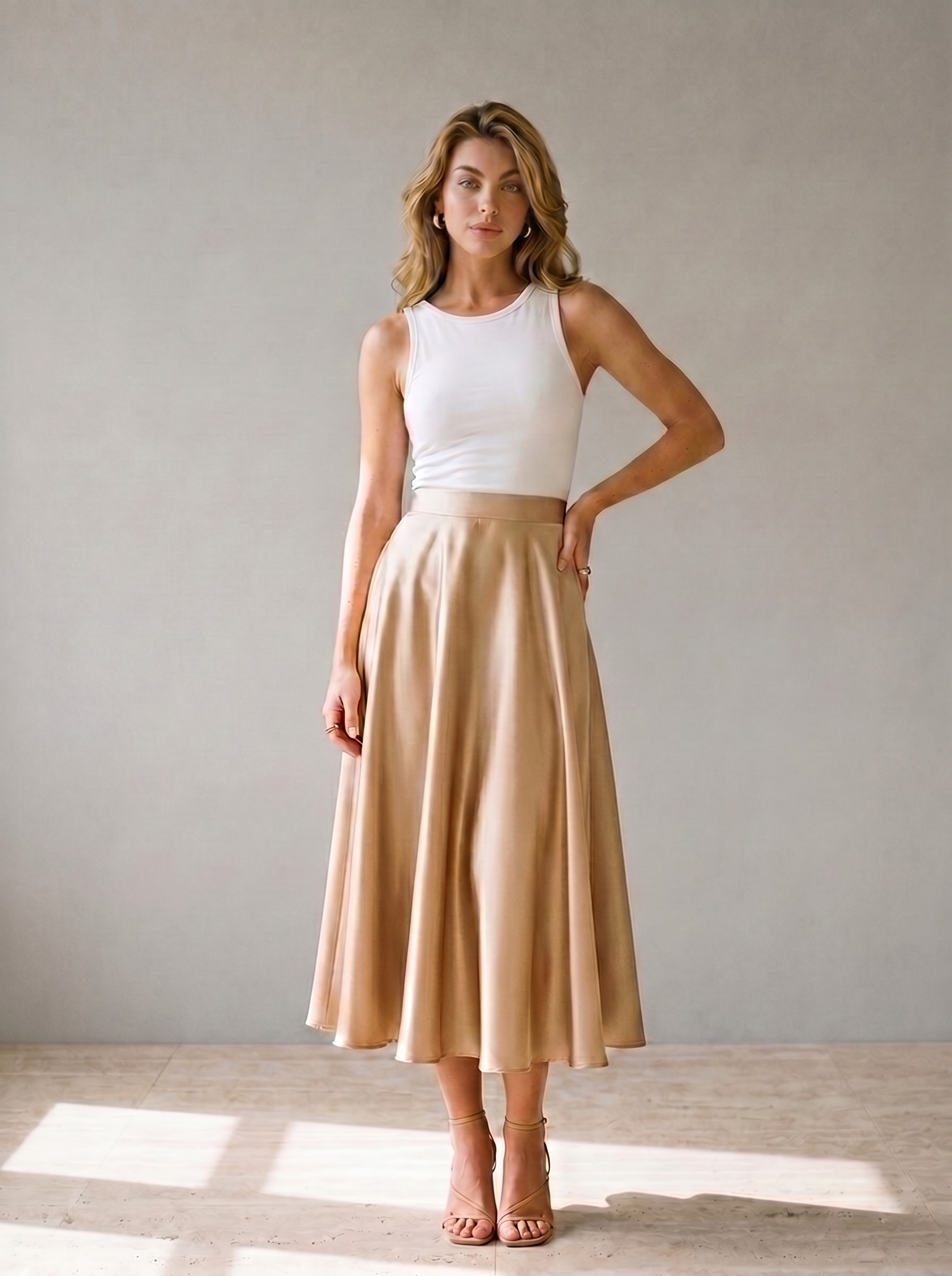 Aurelia Satin A-Line Midi Skirt, front view on model