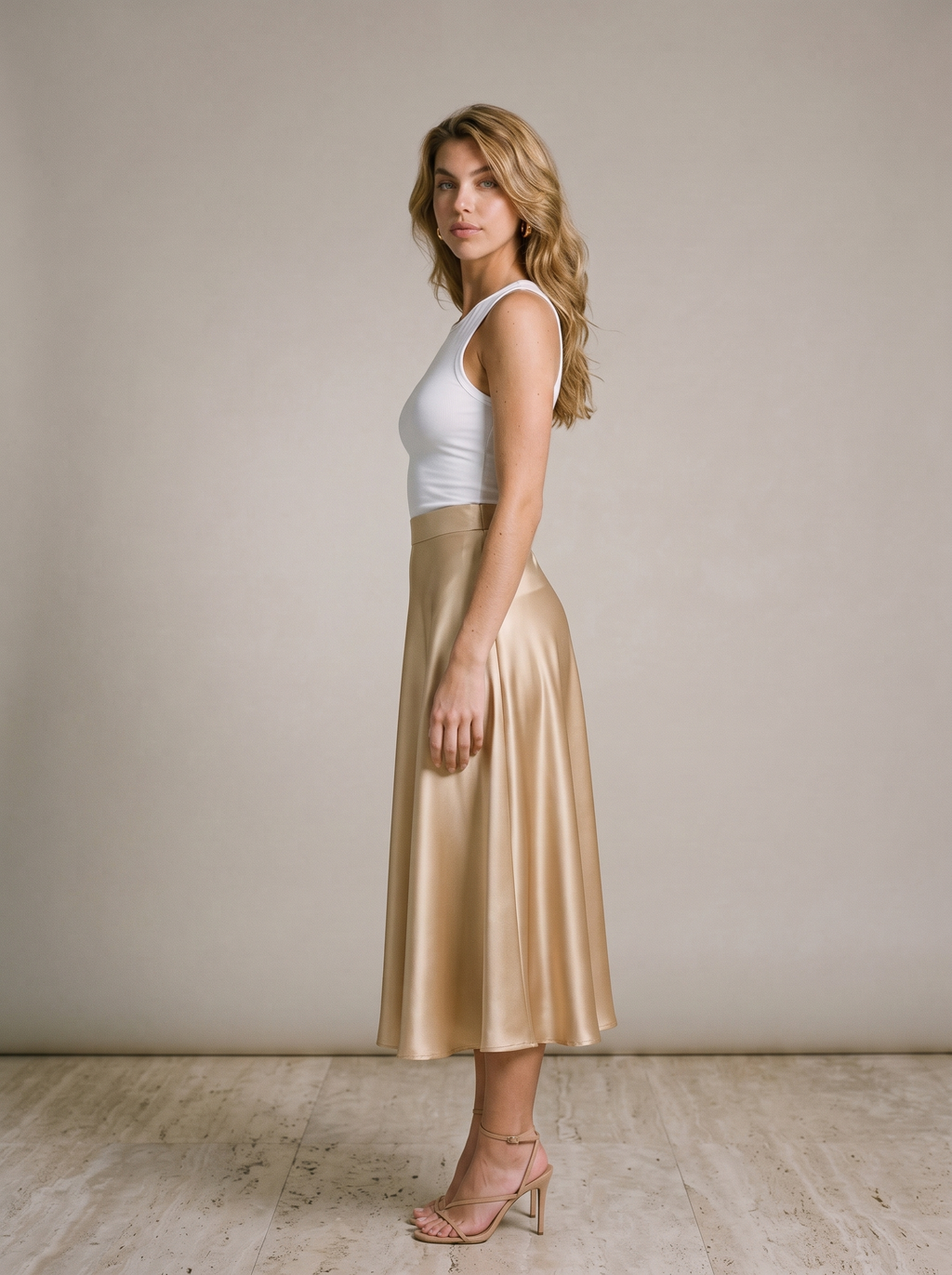 Aurelia Satin A-Line Midi Skirt, side view on model