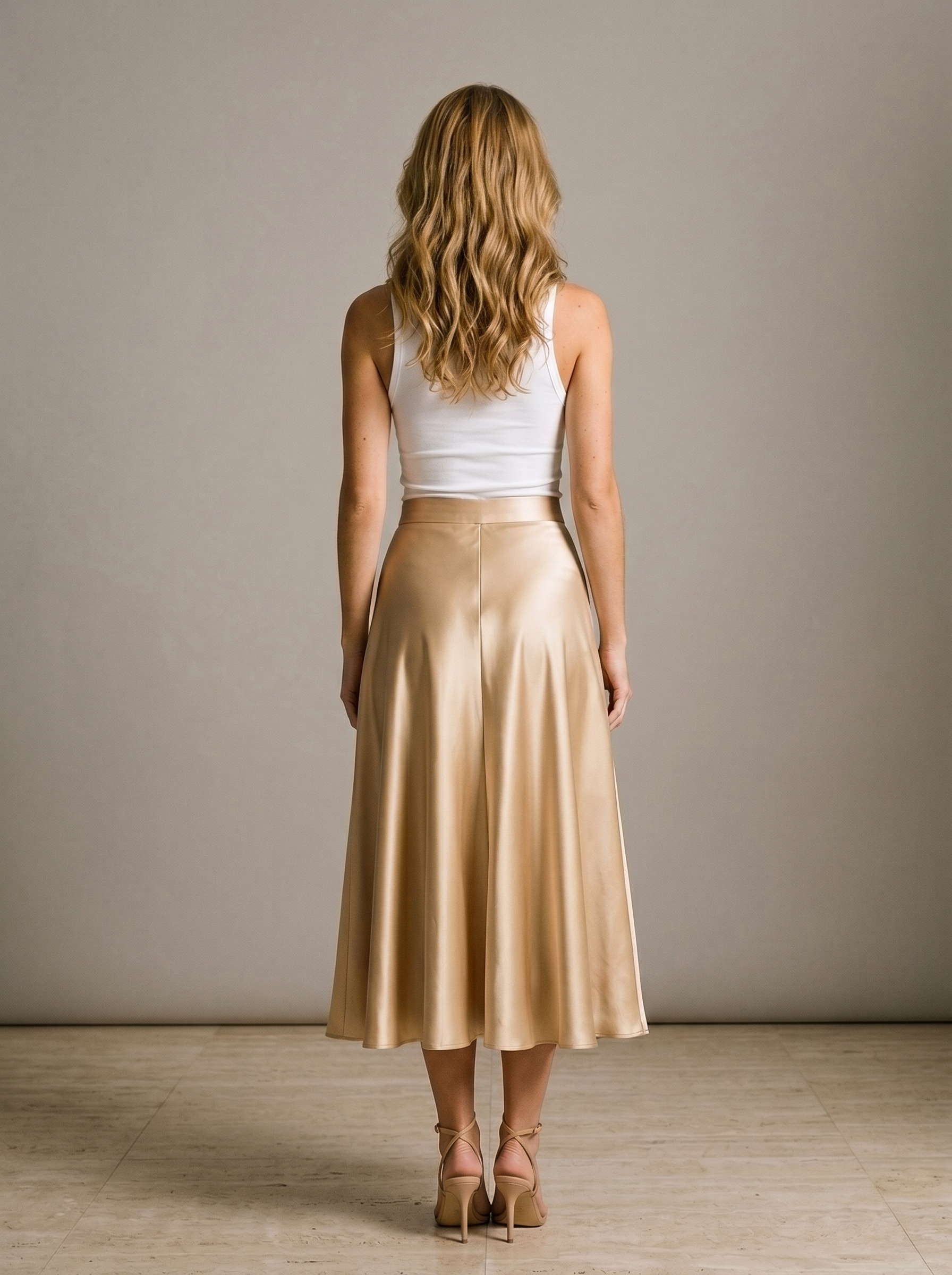 Aurelia Satin A-Line Midi Skirt, back view on model