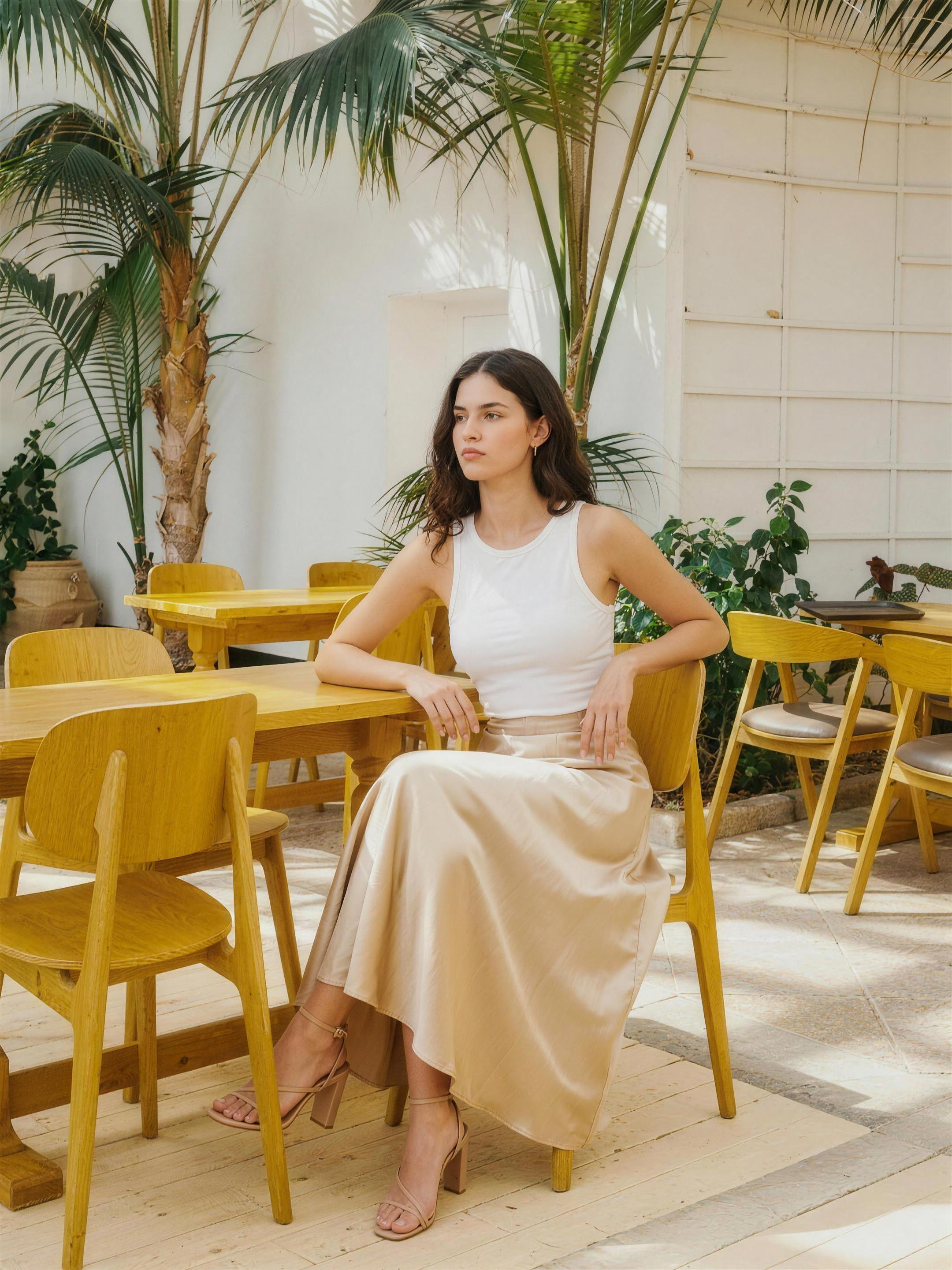 Aurelia Satin A-Line Midi Skirt, styled lifestyle look