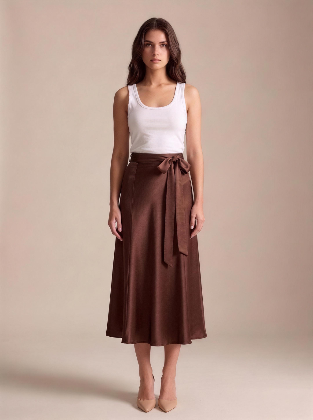Emilia — Satin A-Line Midi Skirt, front view