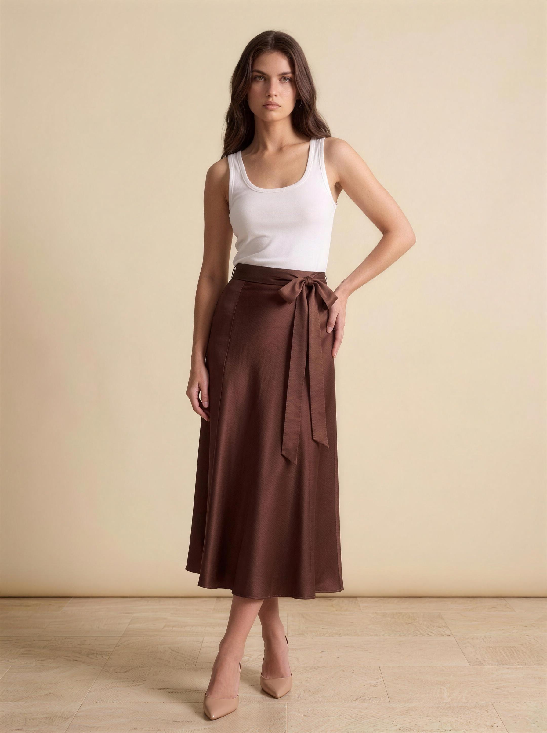 Emilia — Satin A-Line Midi Skirt, front view, hand on hip