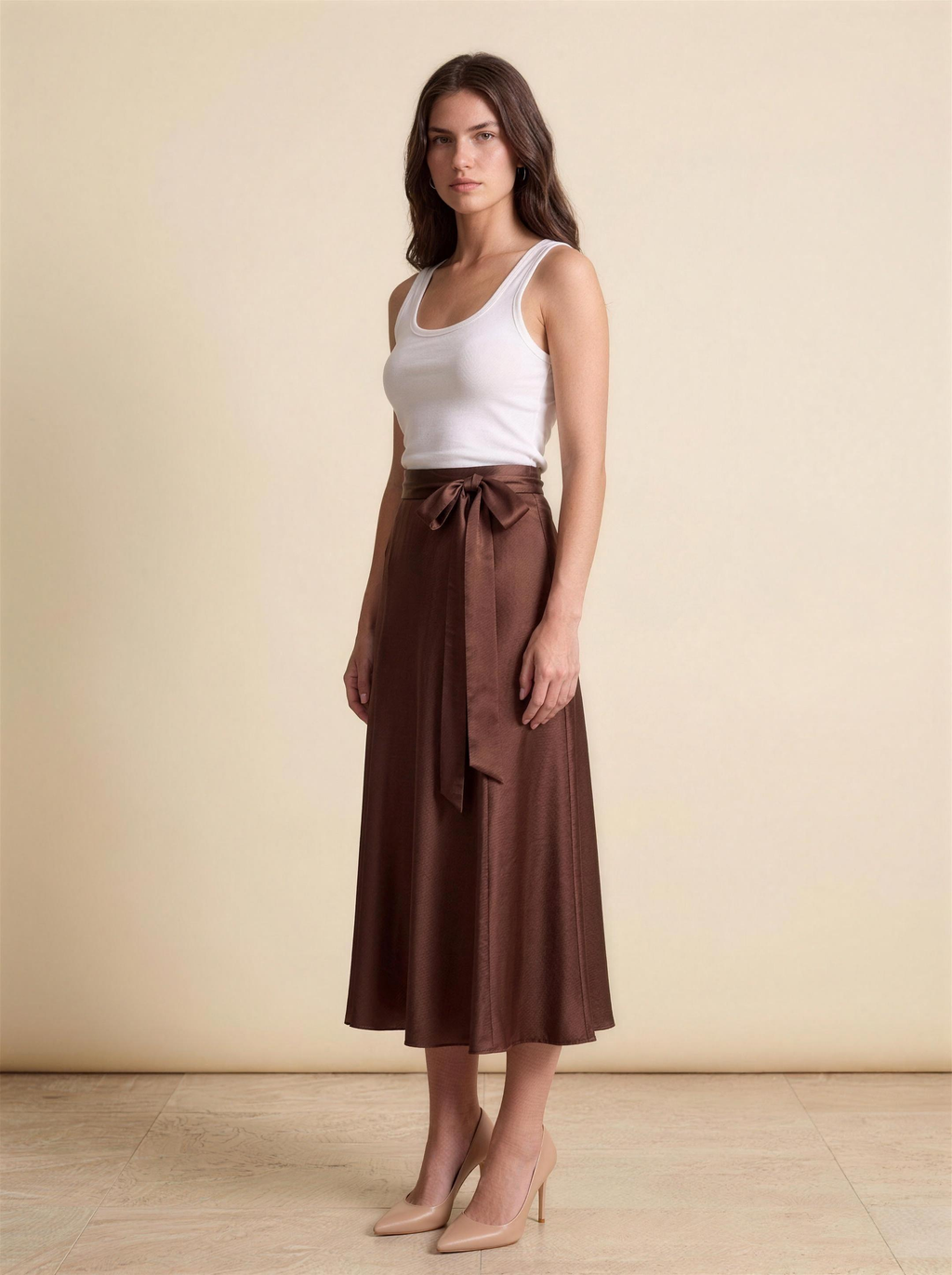 Emilia — Satin A-Line Midi Skirt, three-quarter view