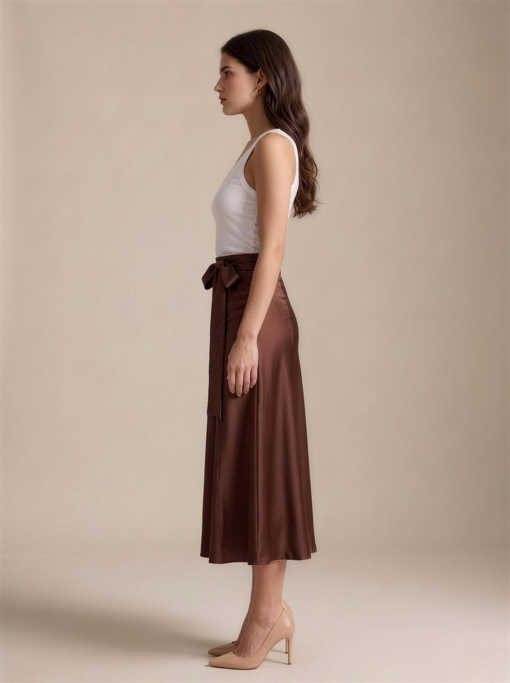 Emilia — Satin A-Line Midi Skirt, side view