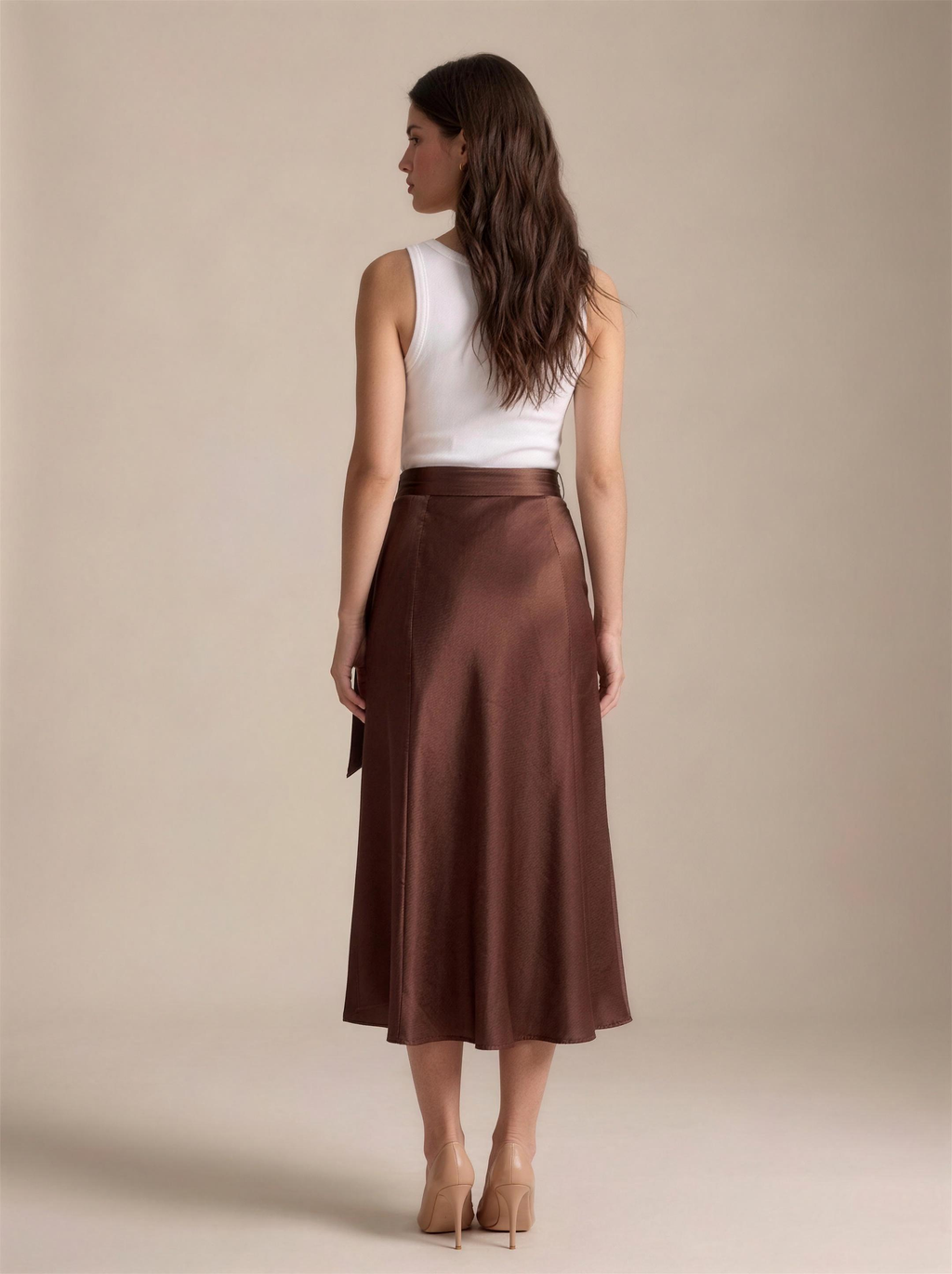 Emilia — Satin A-Line Midi Skirt, back view
