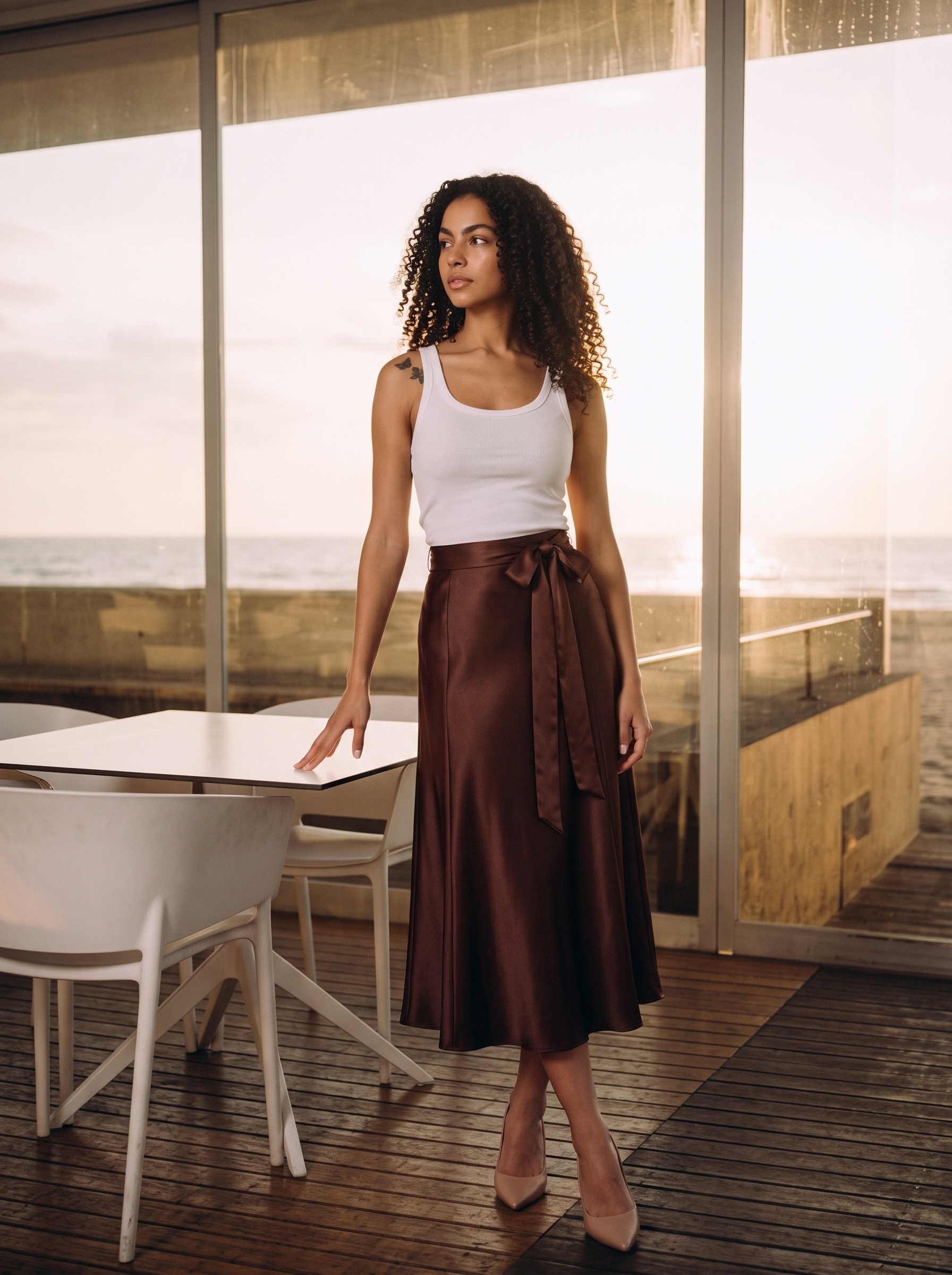 Emilia — Satin A-Line Midi Skirt, lifestyle