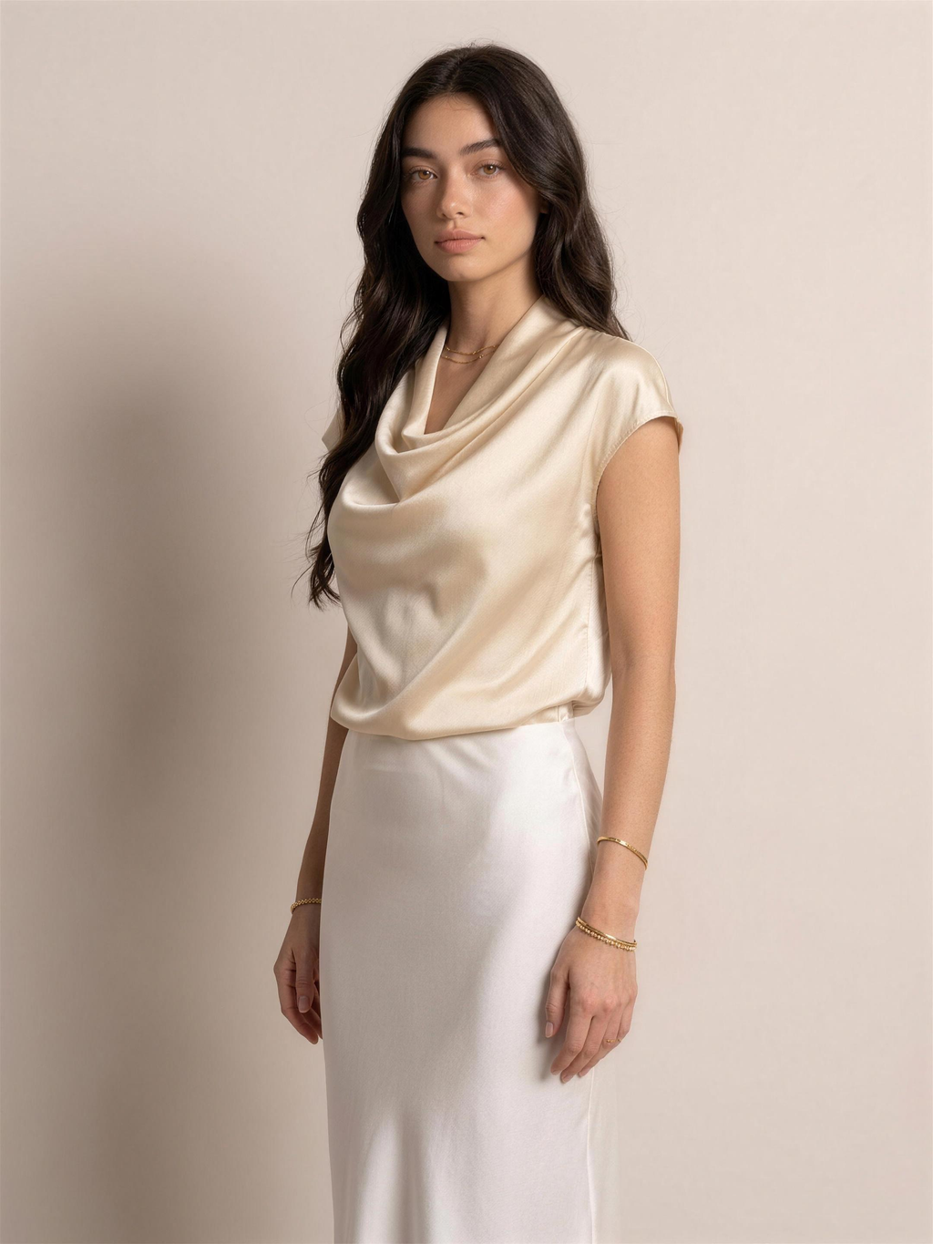 Talia — Satin Cowl Neck Blouse, three-quarter view
