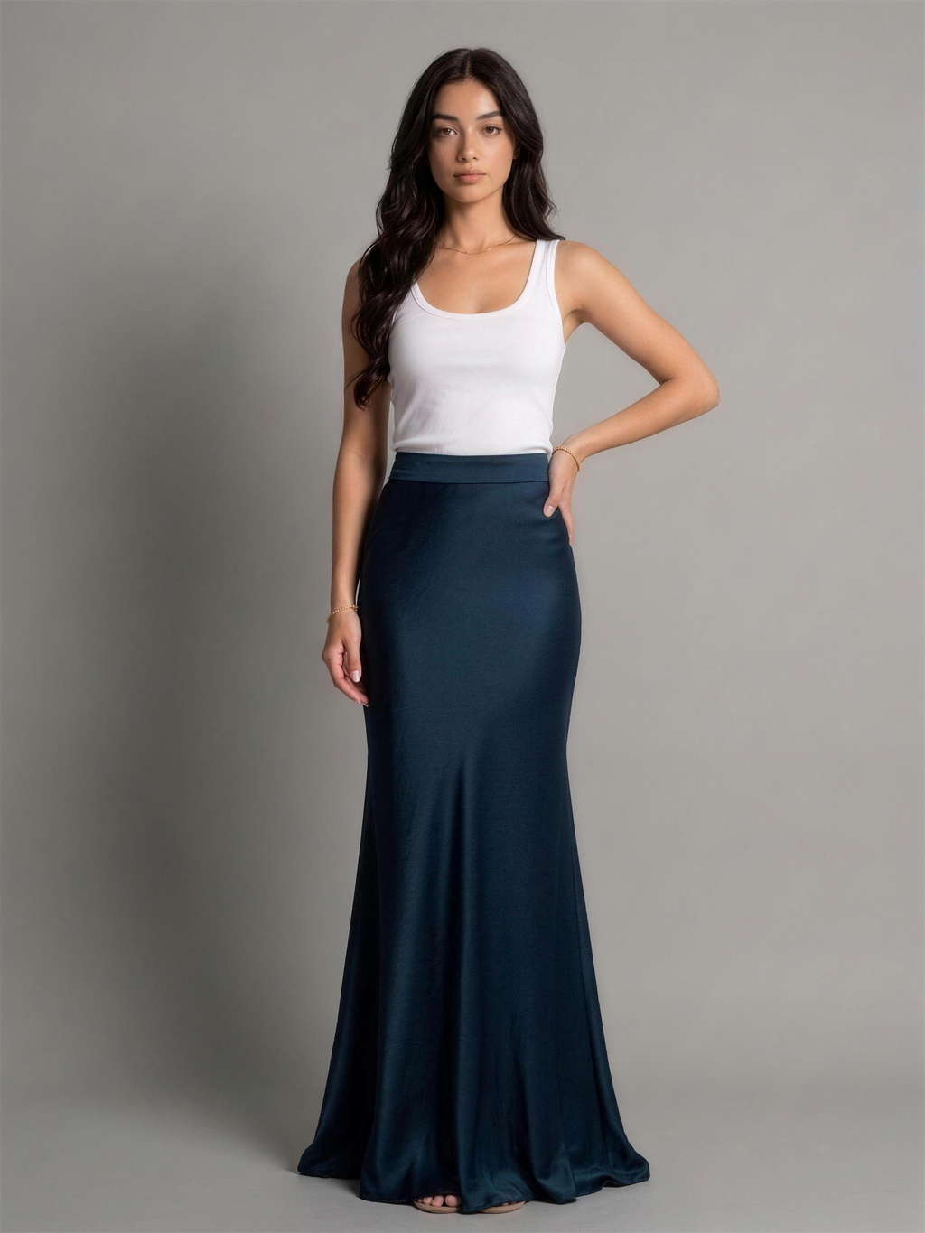 Colette — Satin High Waist Maxi Skirt, front view, hand on hip