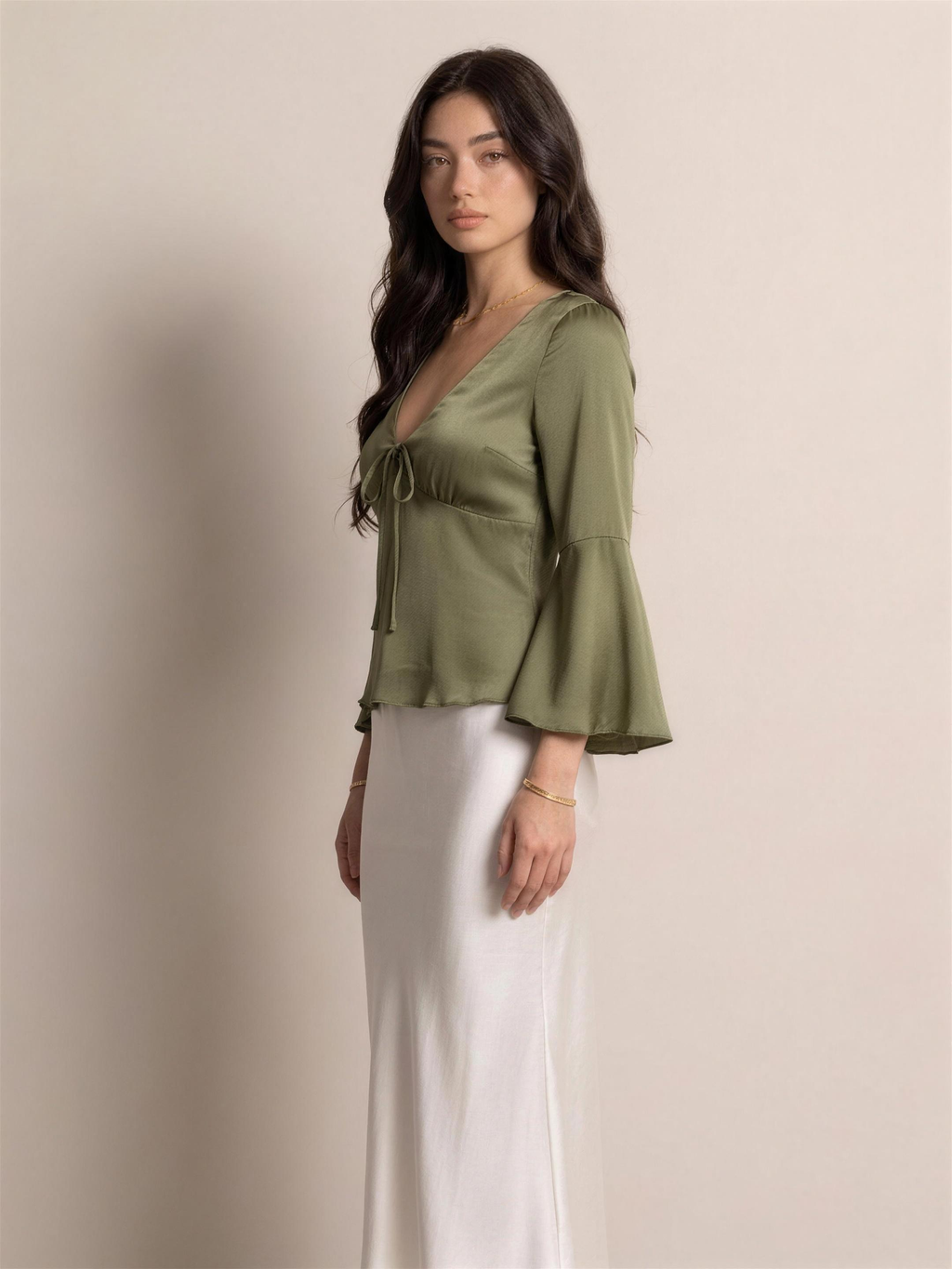 Zola — Satin Tie-Front Blouse, three-quarter view