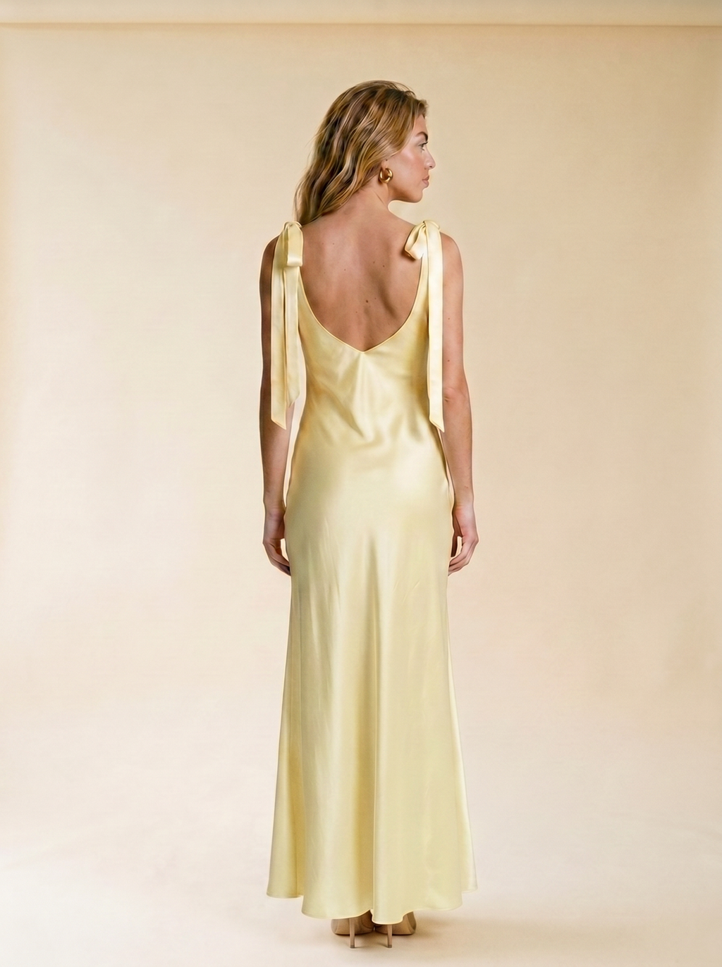 Simona — Satin Tie Shoulder Deep V-Neck Dress, back view