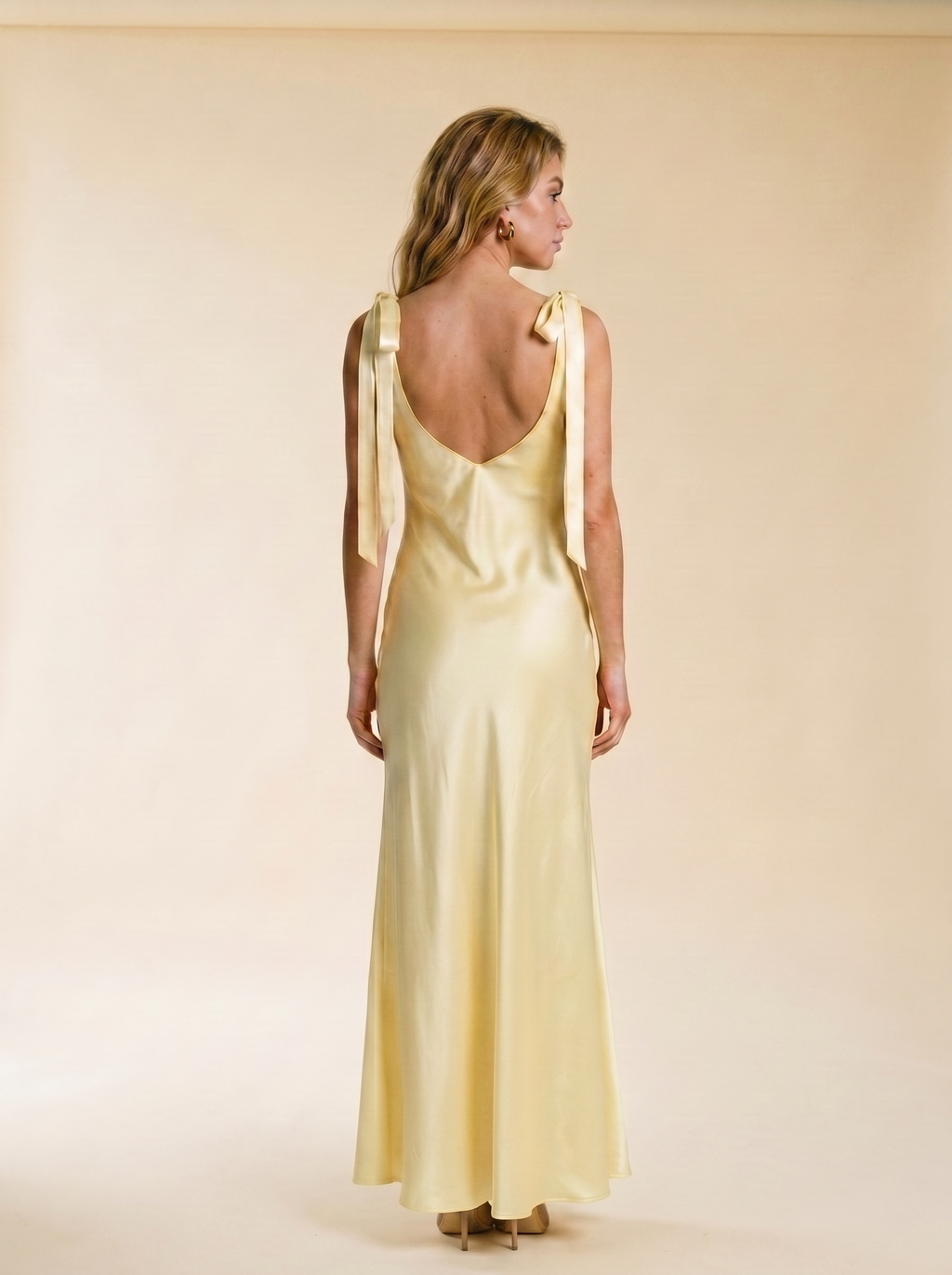 Simona — Satin Tie Shoulder Deep V-Neck Dress, back view, glancing over shoulder