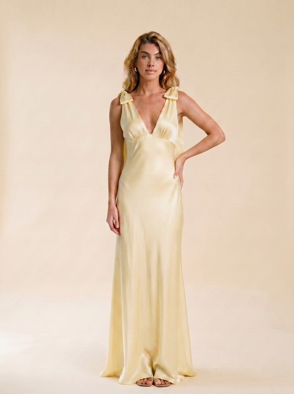 Simona — Satin Tie Shoulder Deep V-Neck Dress, front view, hand on hip