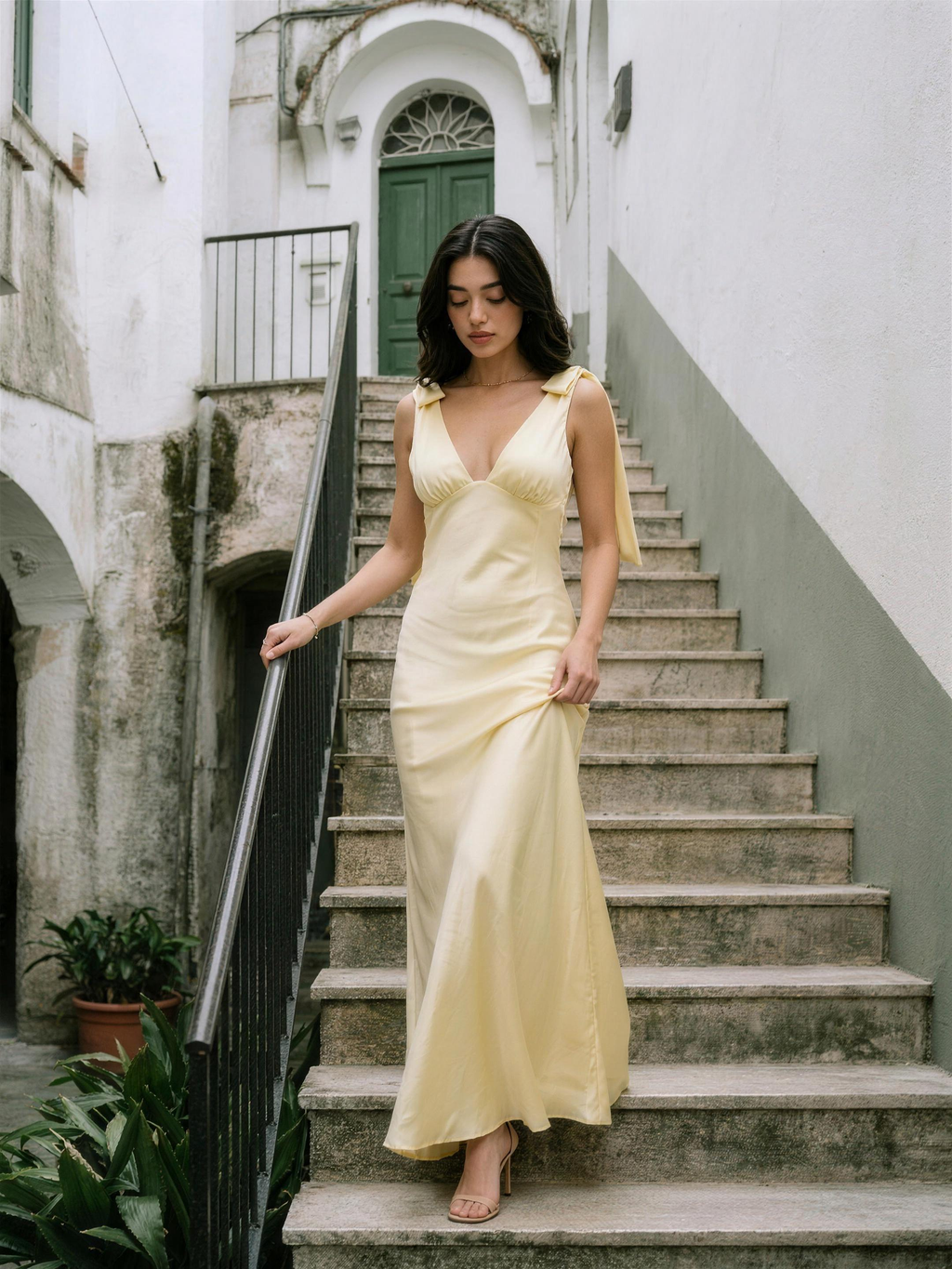 Simona — Satin Tie Shoulder Deep V-Neck Dress, lifestyle