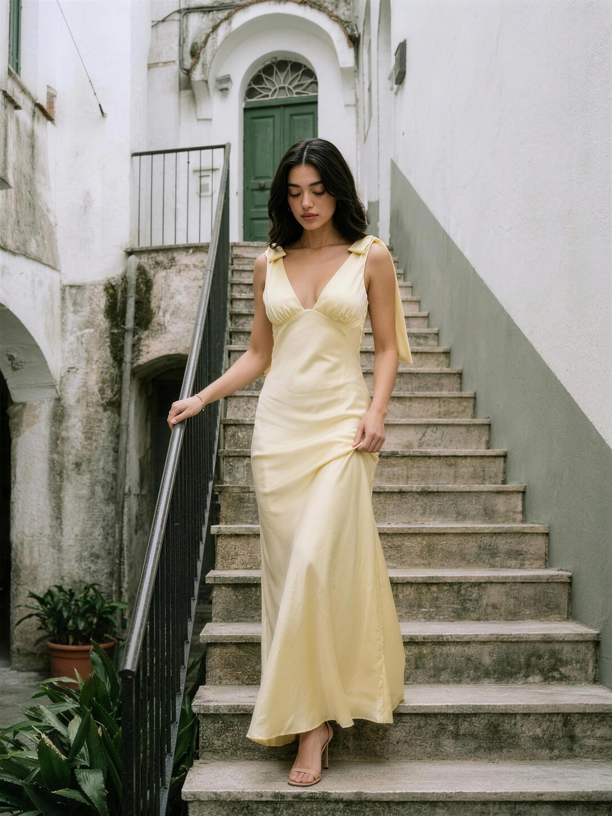 Simona — Satin Tie Shoulder Deep V-Neck Dress, lifestyle