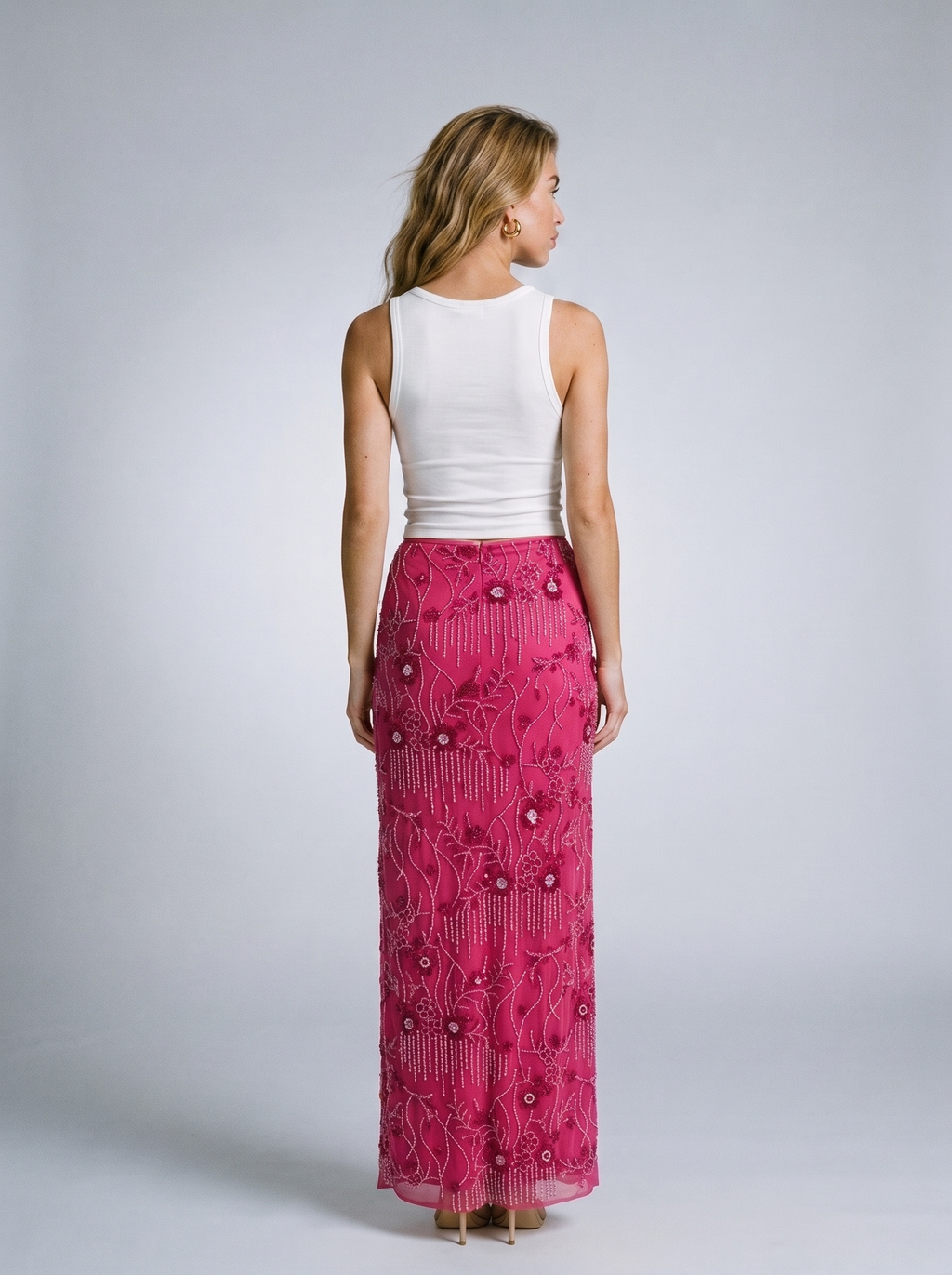 Estelle Sequin Embroidered Maxi Skirt, back view on model