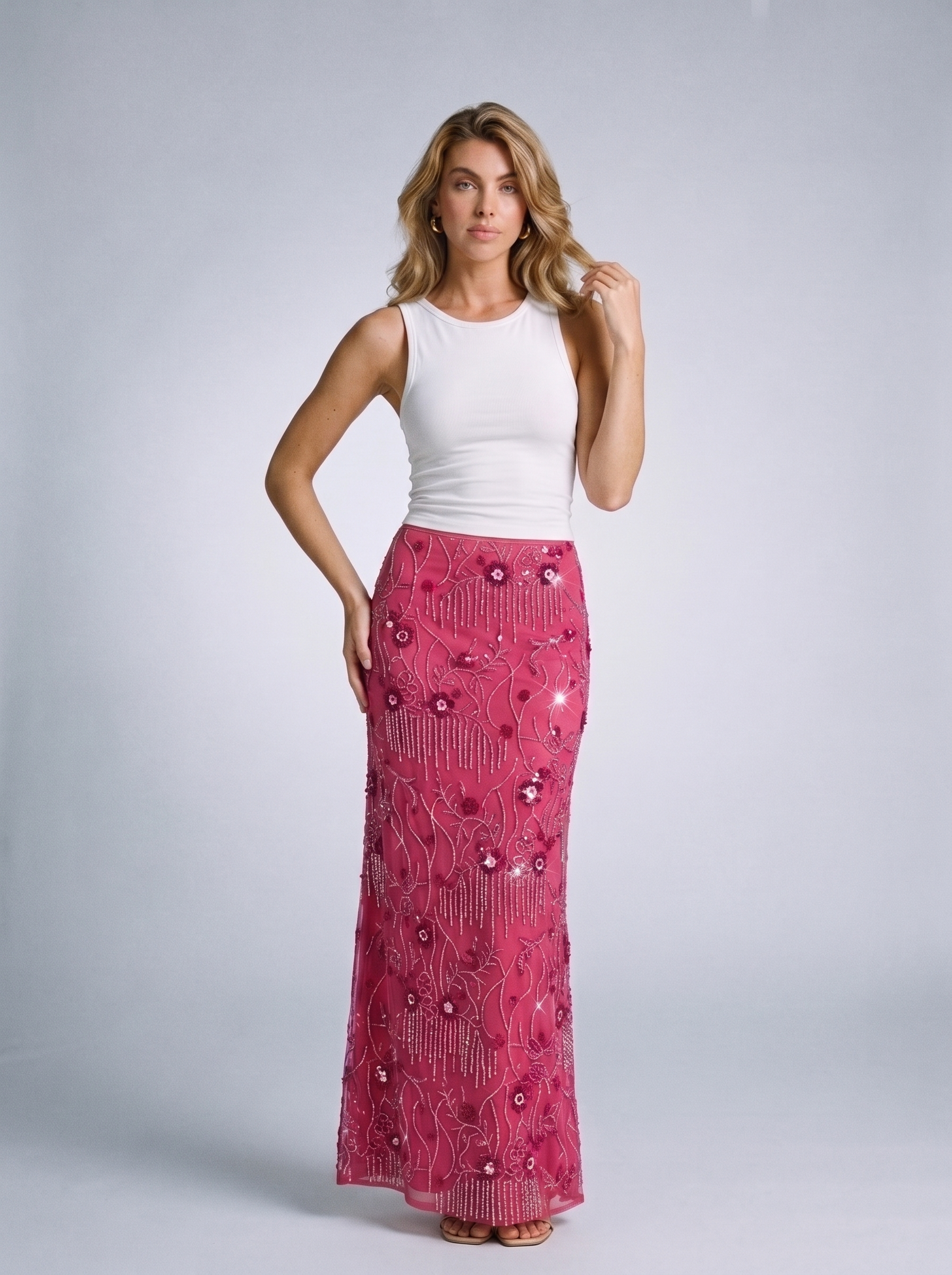 Estelle Sequin Embroidered Maxi Skirt, front view on model