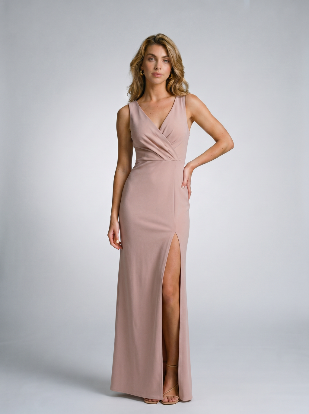 Annalisa — Sleeveless High Slit Maxi Dress, front view, hand on hip