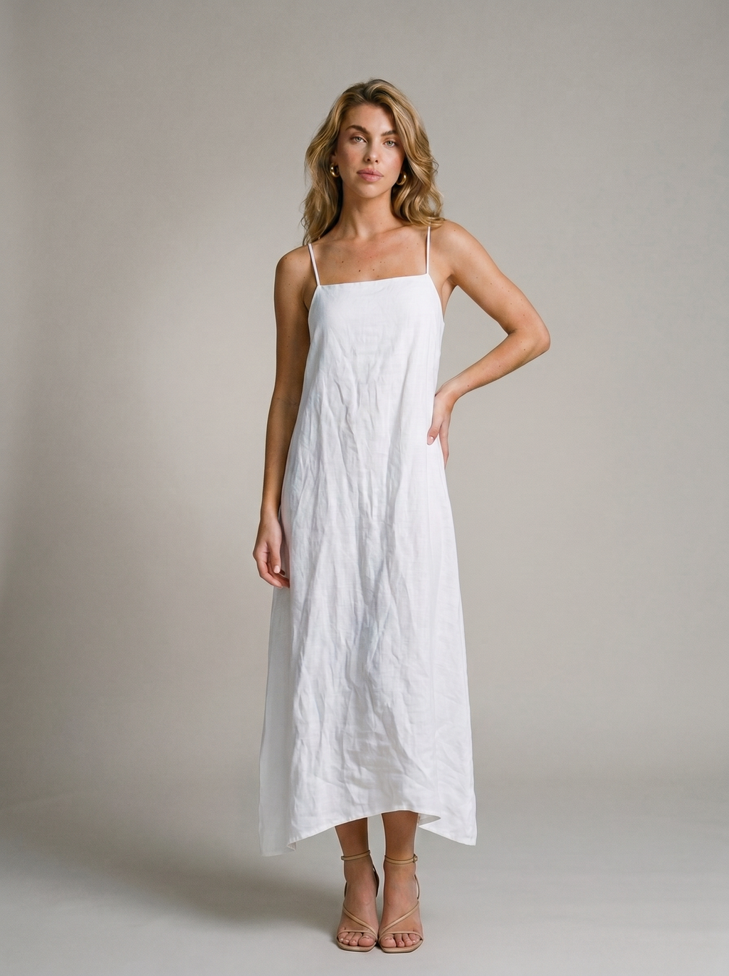Antibes — Sleeveless Linen Casual Maxi Dress, front view, hand on hip
