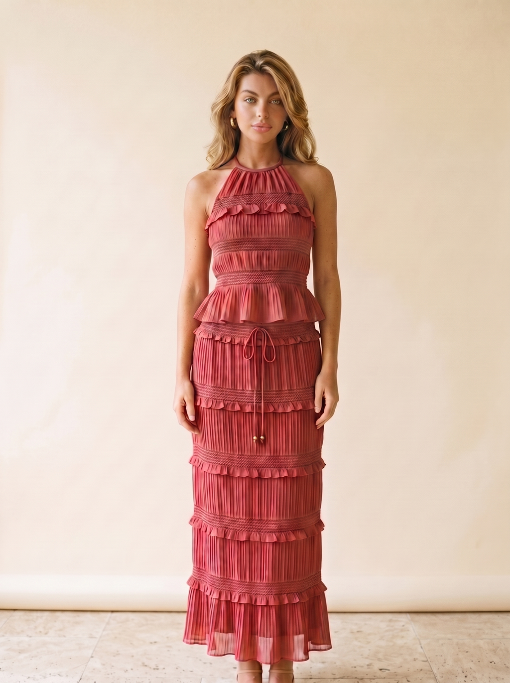 Cefalu Sleeveless Top and Maxi Skirt Set, front view on model