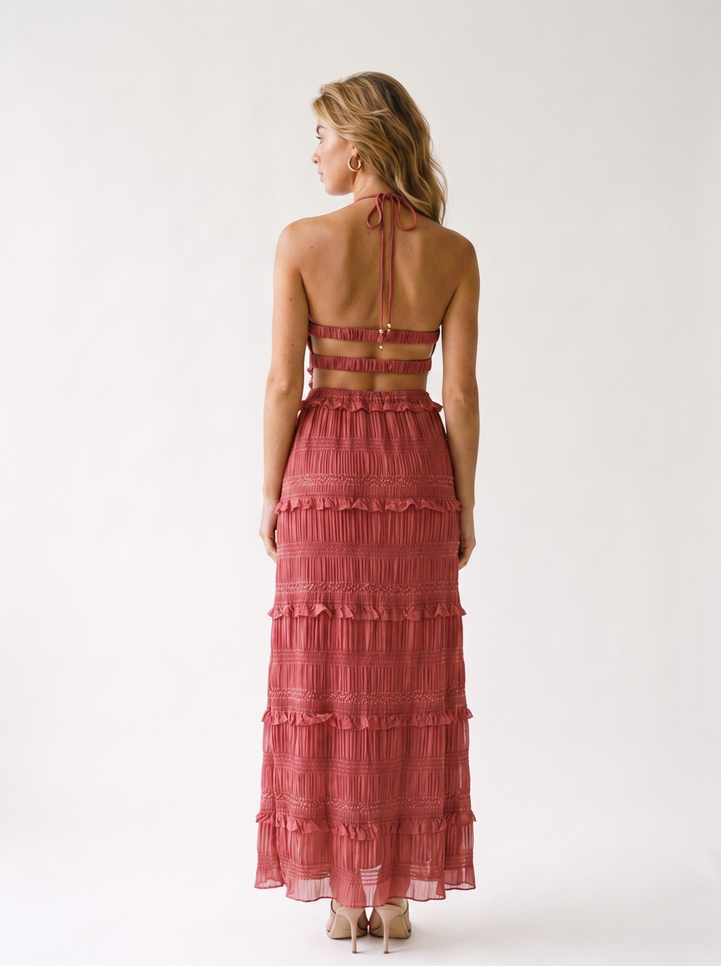 Cefalu Sleeveless Top and Maxi Skirt Set, back view on model