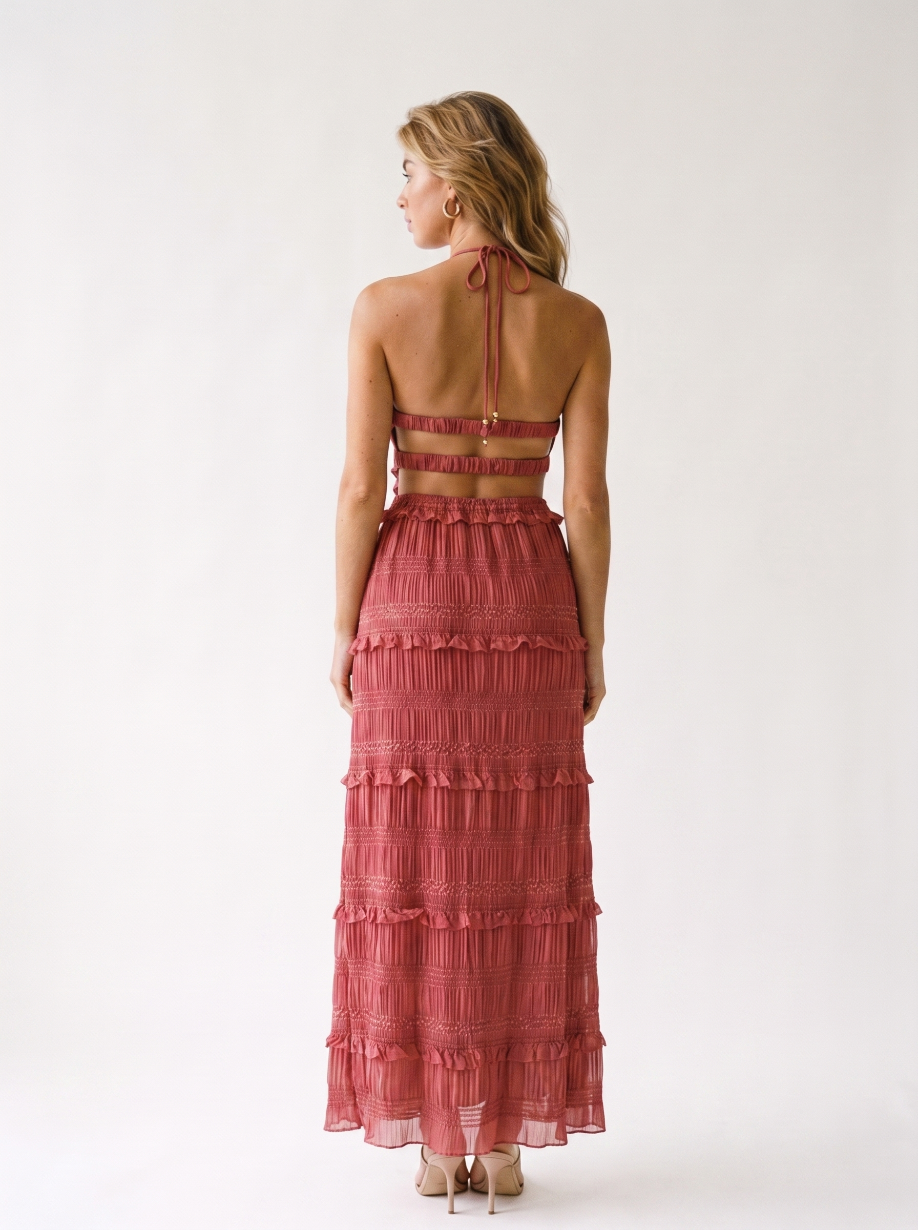 Cefalu Sleeveless Top and Maxi Skirt Set, back view on model