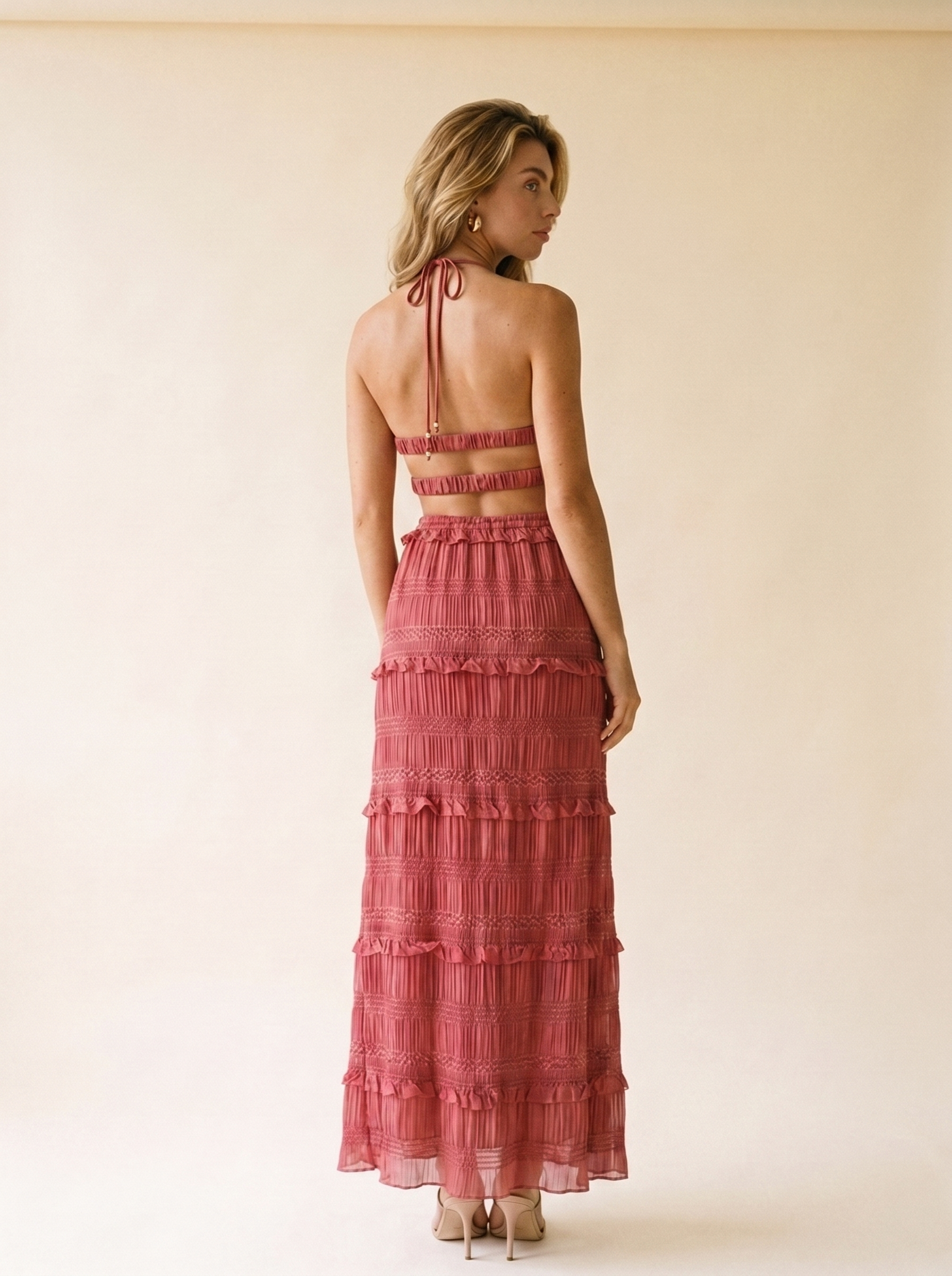 Cefalu Sleeveless Top and Maxi Skirt Set, back view on model