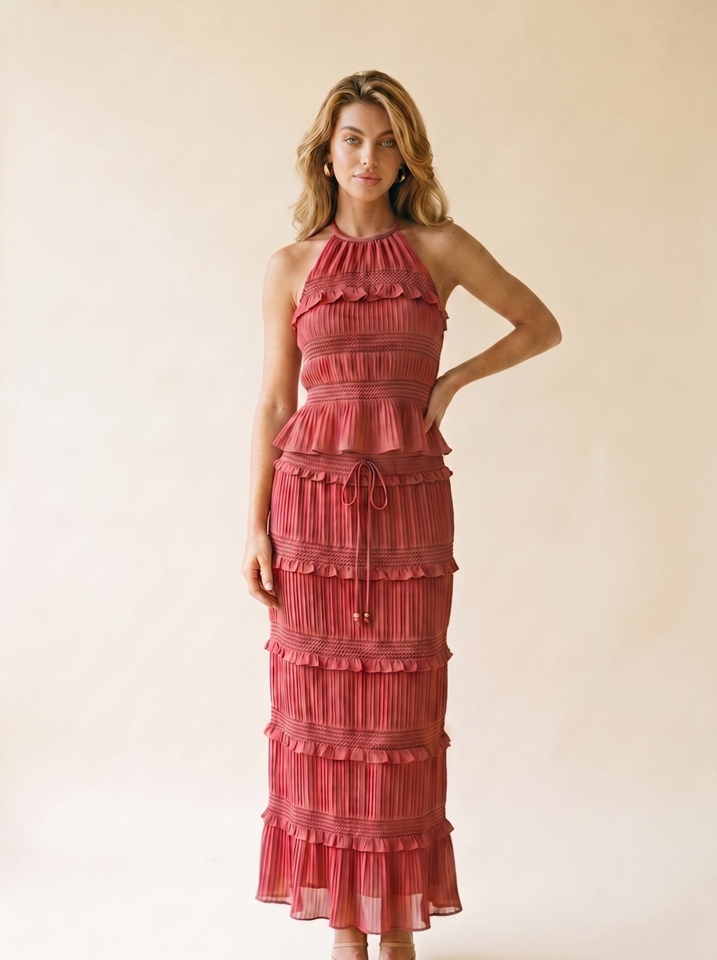 Cefalu Sleeveless Top and Maxi Skirt Set, front view on model