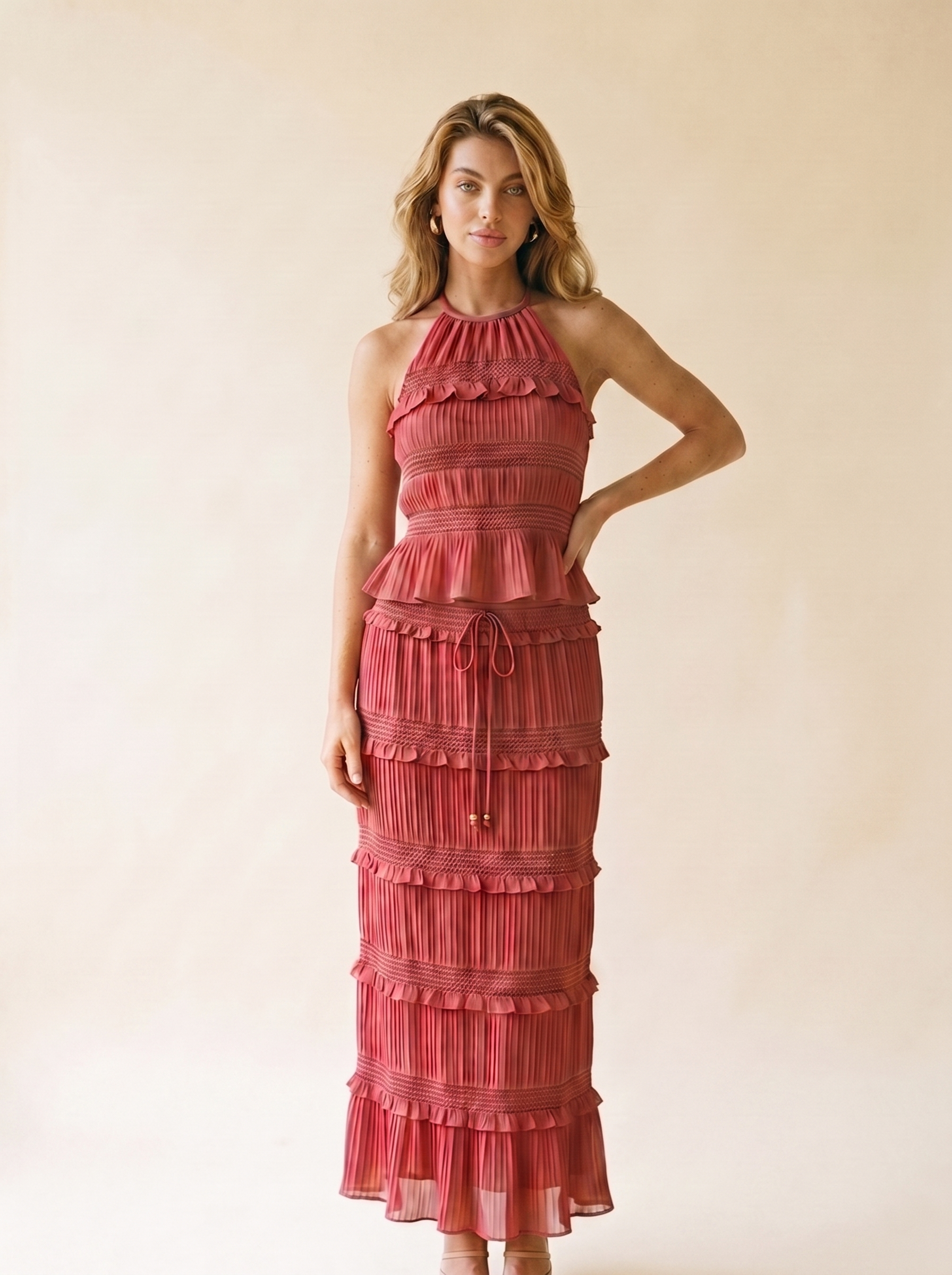 Cefalu Sleeveless Top and Maxi Skirt Set, front view on model