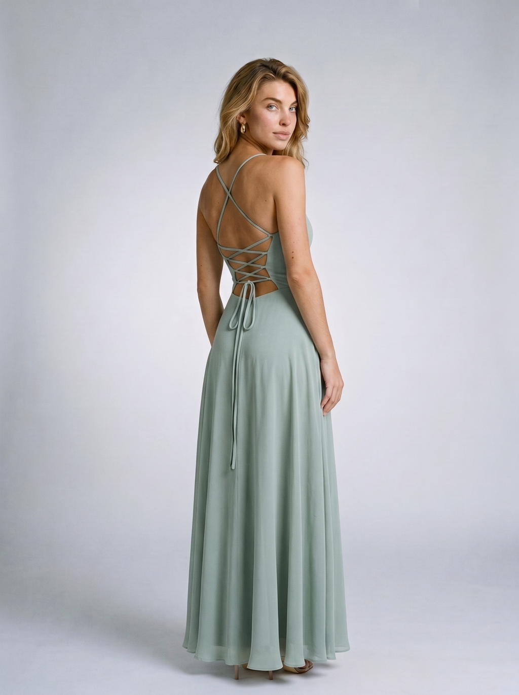 Ludovica — Slit Cowl Neck Maxi Dress, back view, glancing over shoulder