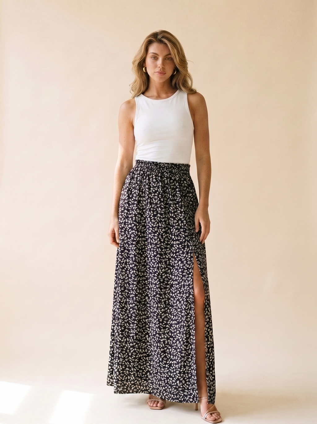 Fiorella Slit Printed Skirt, front view on model