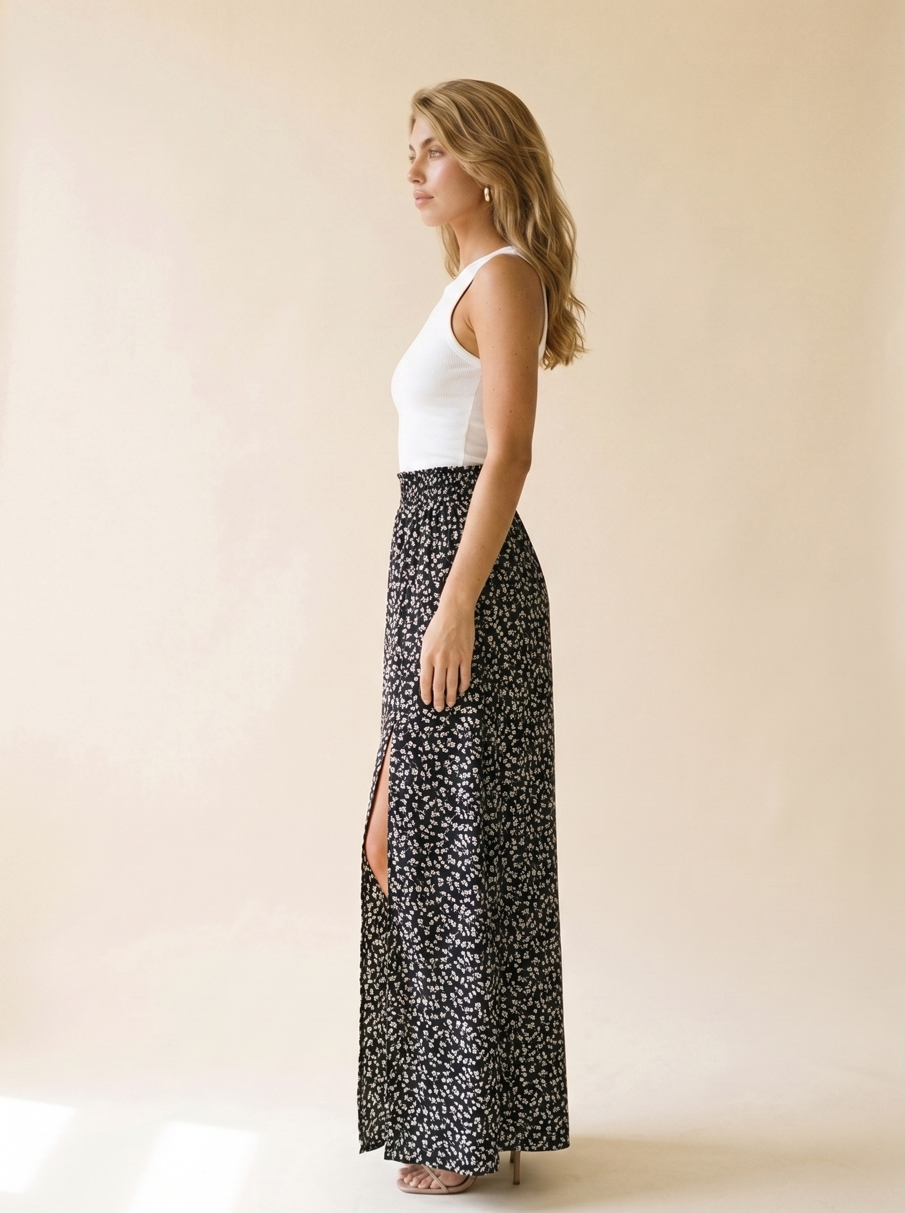 Fiorella Slit Printed Skirt, side view on model
