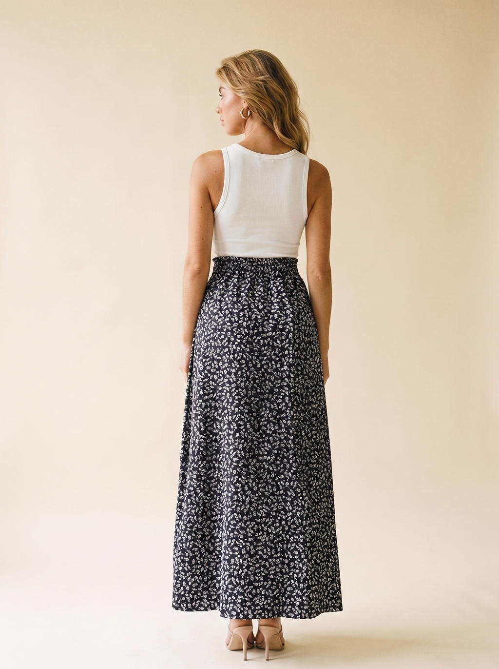 Fiorella Slit Printed Skirt, back view on model