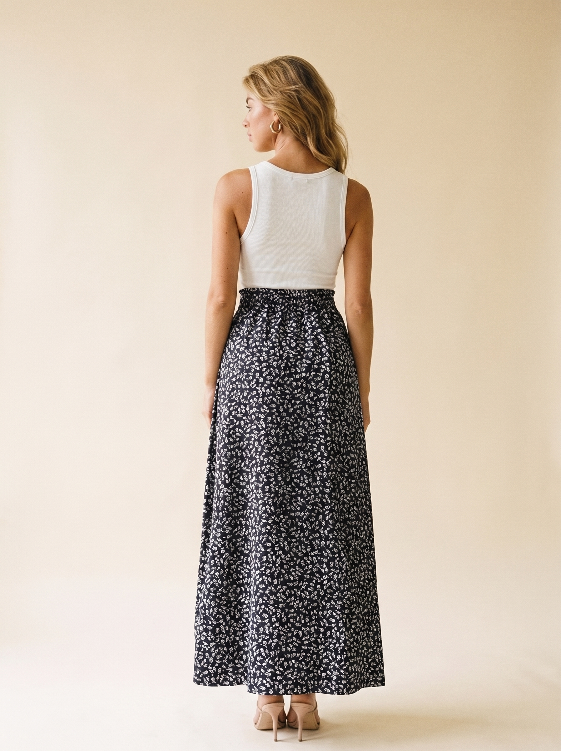 Fiorella Slit Printed Skirt, back view on model