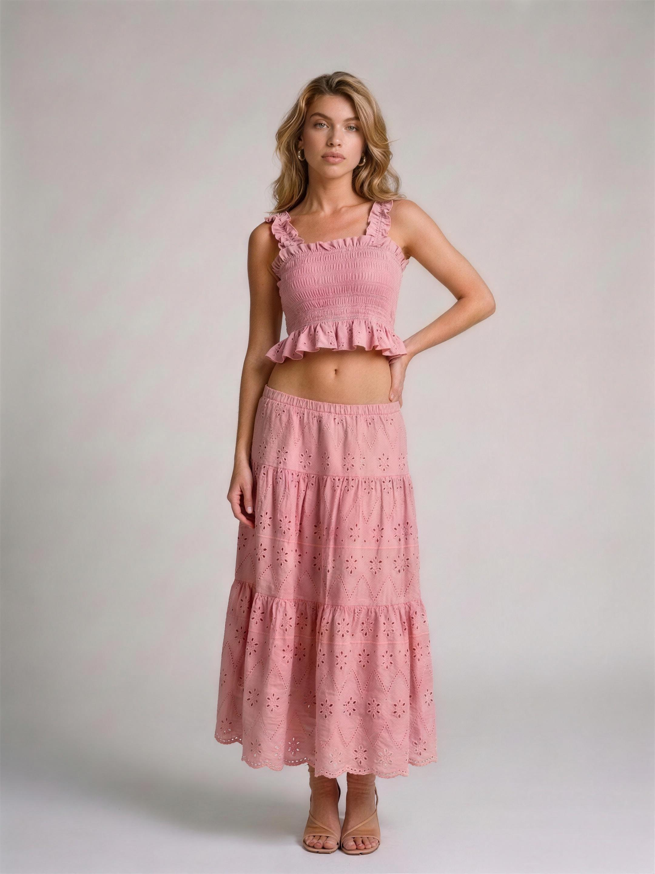 Sorrento Smocked Crop Top and Hollow-Out Skirt Set, front view on model