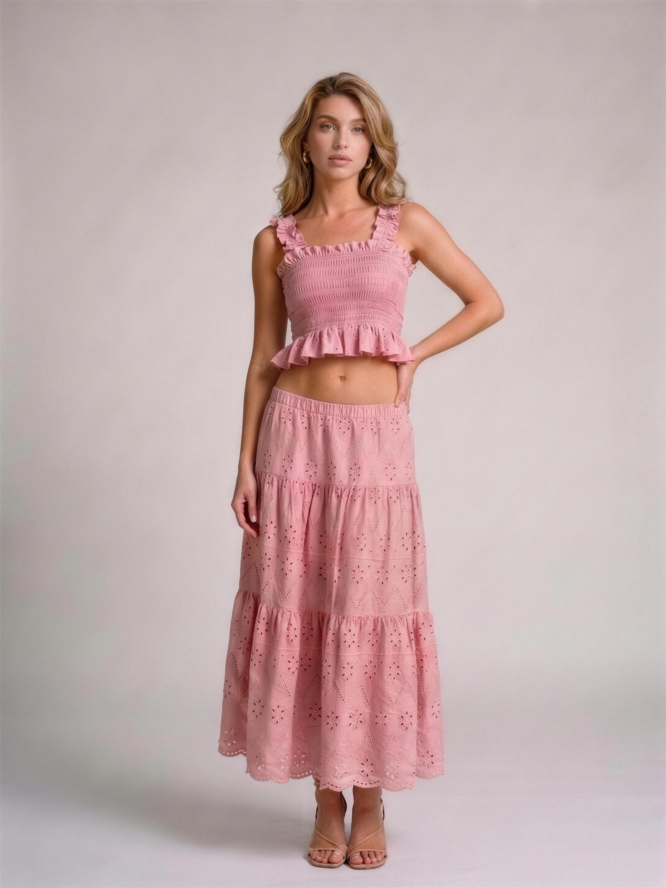 Sorrento Smocked Crop Top and Hollow-Out Skirt Set, front view on model