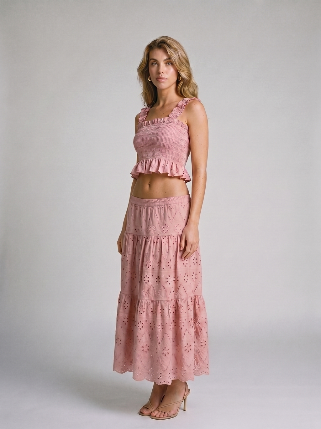 Sorrento Smocked Crop Top and Hollow-Out Skirt Set, side view on model