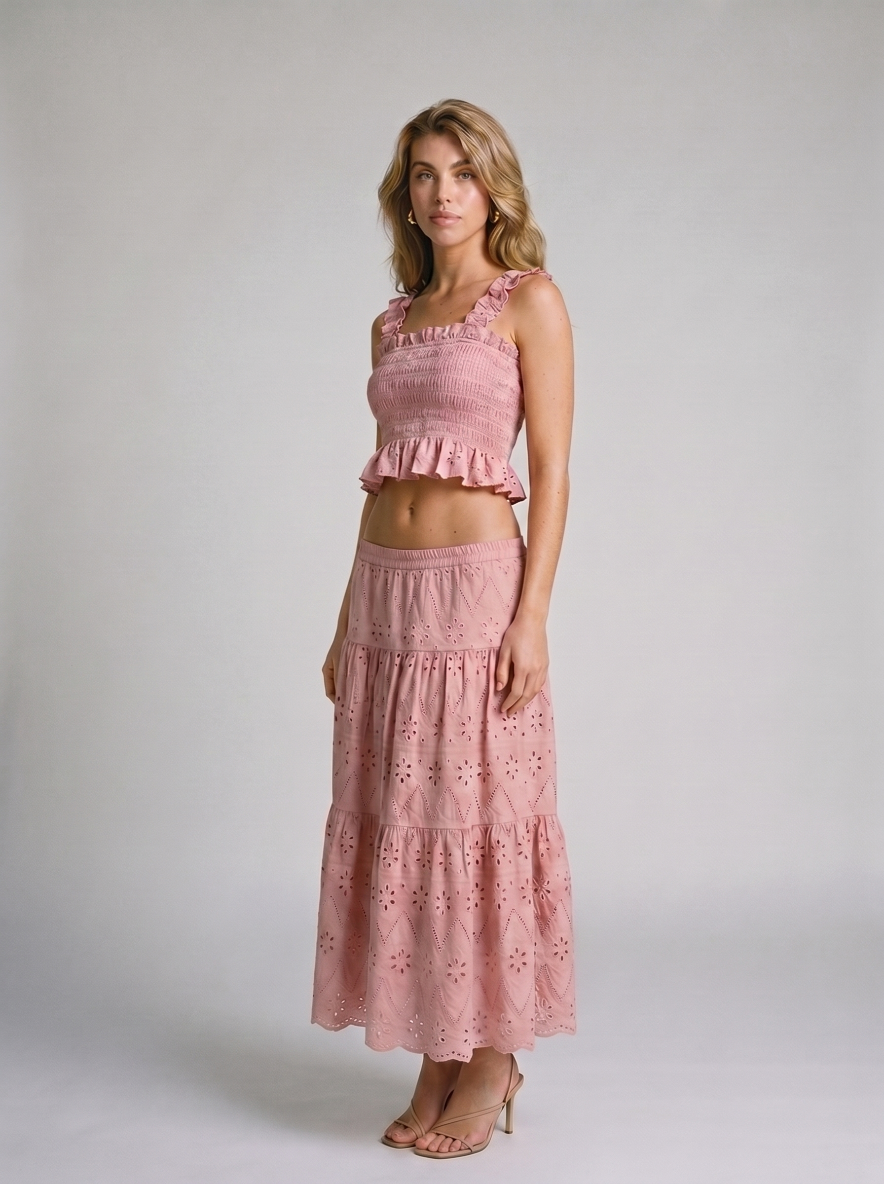Sorrento Smocked Crop Top and Hollow-Out Skirt Set, side view on model