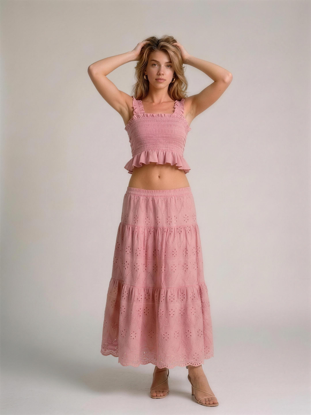 Sorrento Smocked Crop Top and Hollow-Out Skirt Set, front view on model