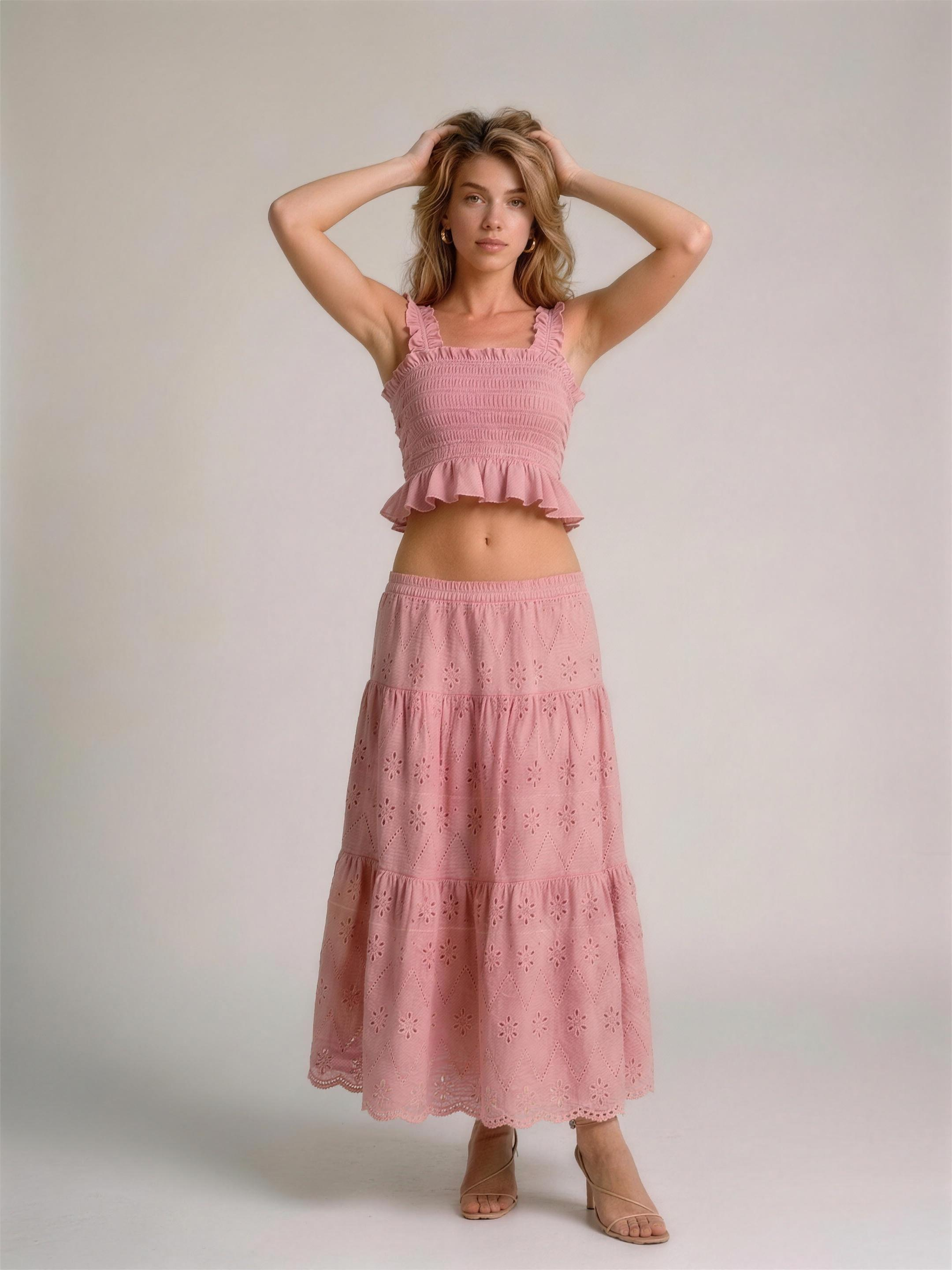 Sorrento Smocked Crop Top and Hollow-Out Skirt Set, front view on model